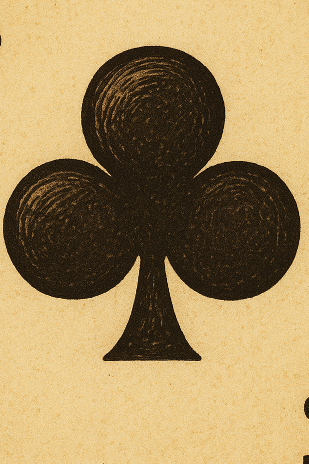 A stylized drawing of a club symbol from a deck of playing cards, black on beige background.