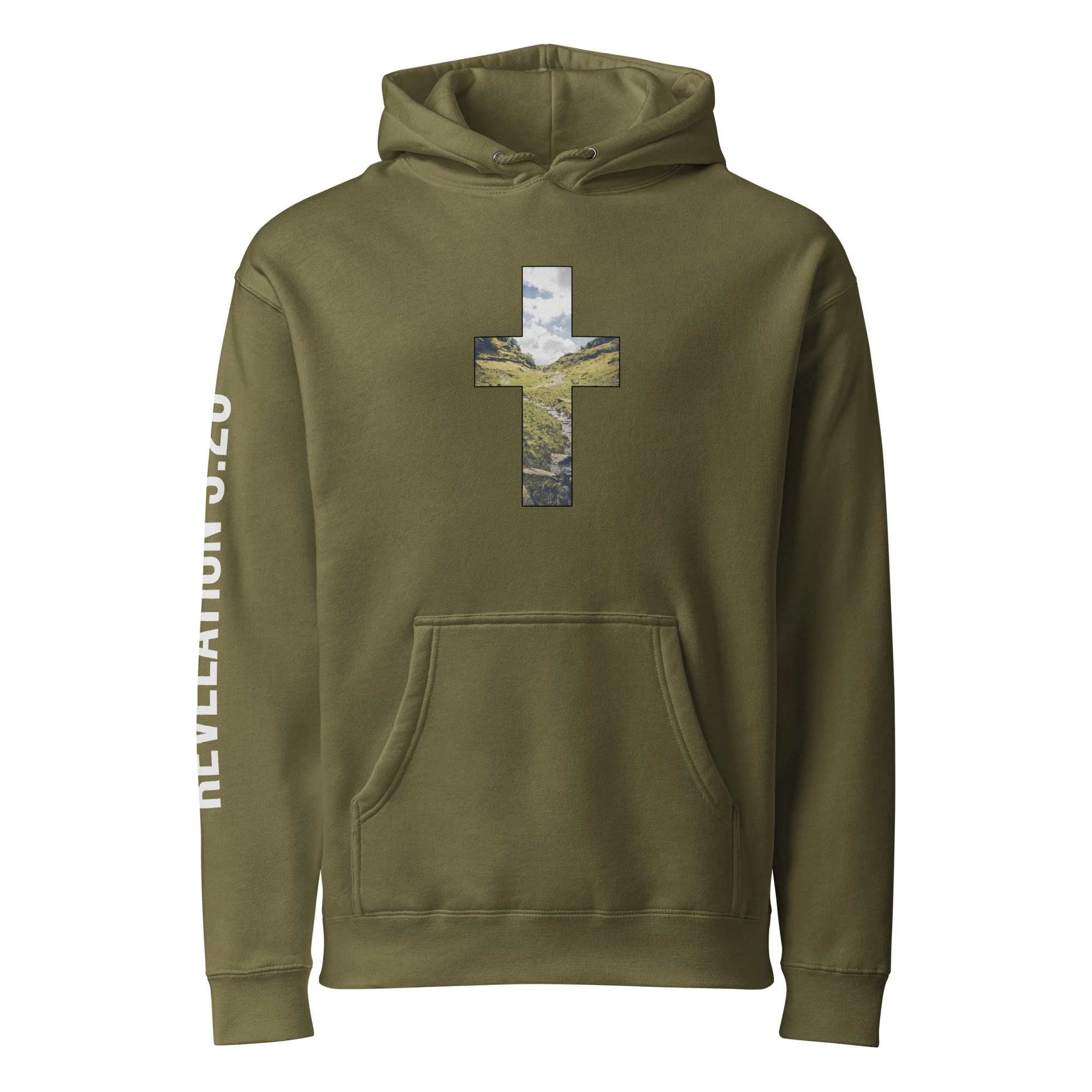 Unisex Heavyweight Hooded Sweatshirt | LAKE DISTRICT - CROSS DESIGN - REVELATION 3:20 -