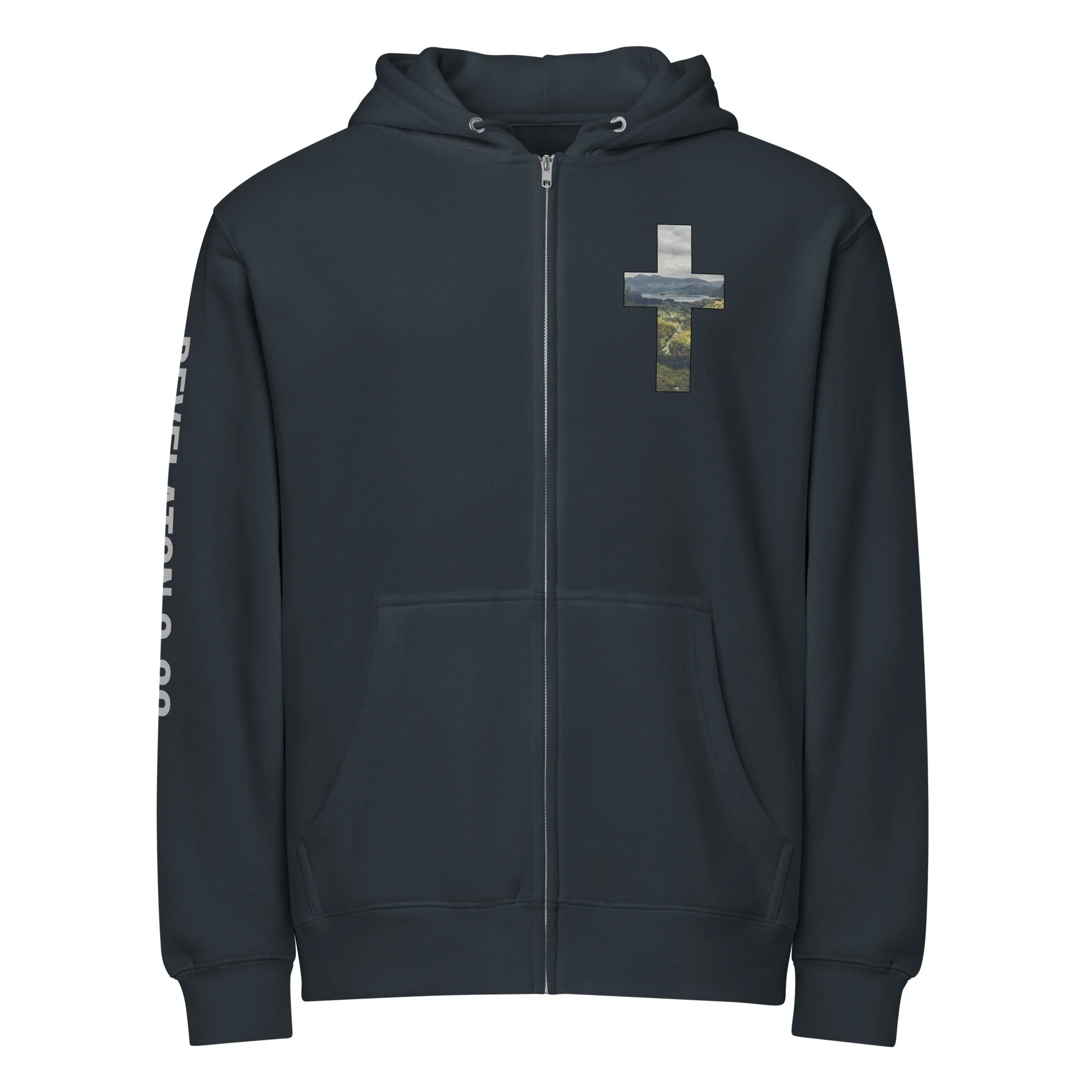 Premium full zip hoodie - DERWENT WATER VIEW - CROSS DESIGN - REVELATION 3:20