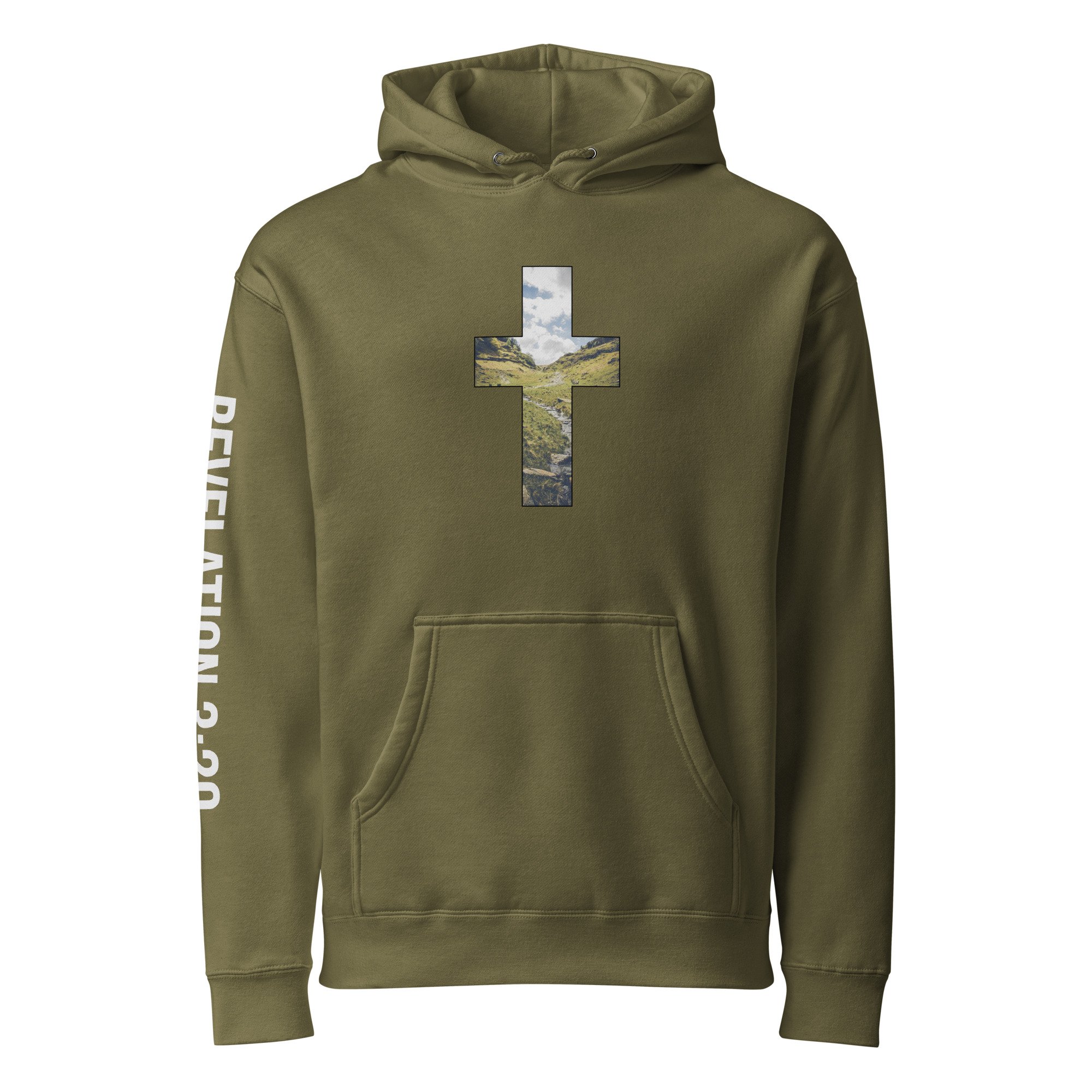 Unisex Heavyweight Hooded Sweatshirt | LAKE DISTRICT - CROSS DESIGN - REVELATION 3:20 -