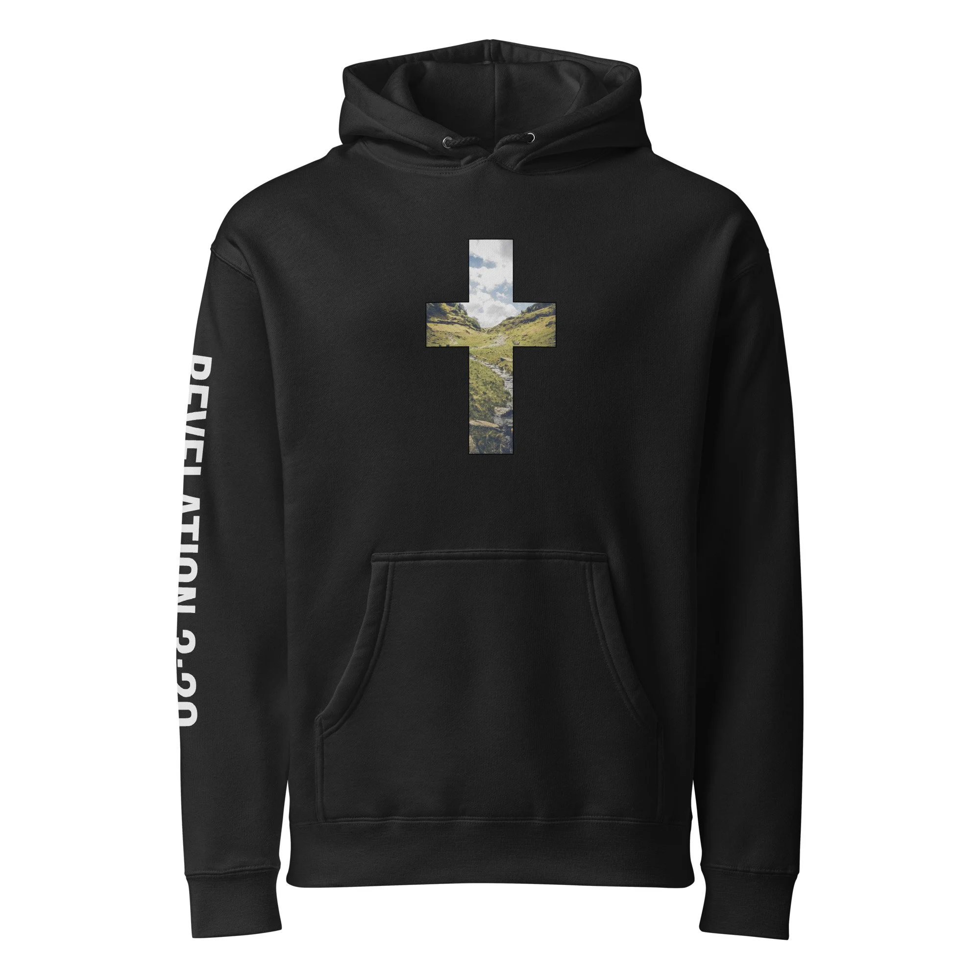 Unisex Heavyweight Hooded Sweatshirt | LAKE DISTRICT - CROSS DESIGN - REVELATION 3:20 -