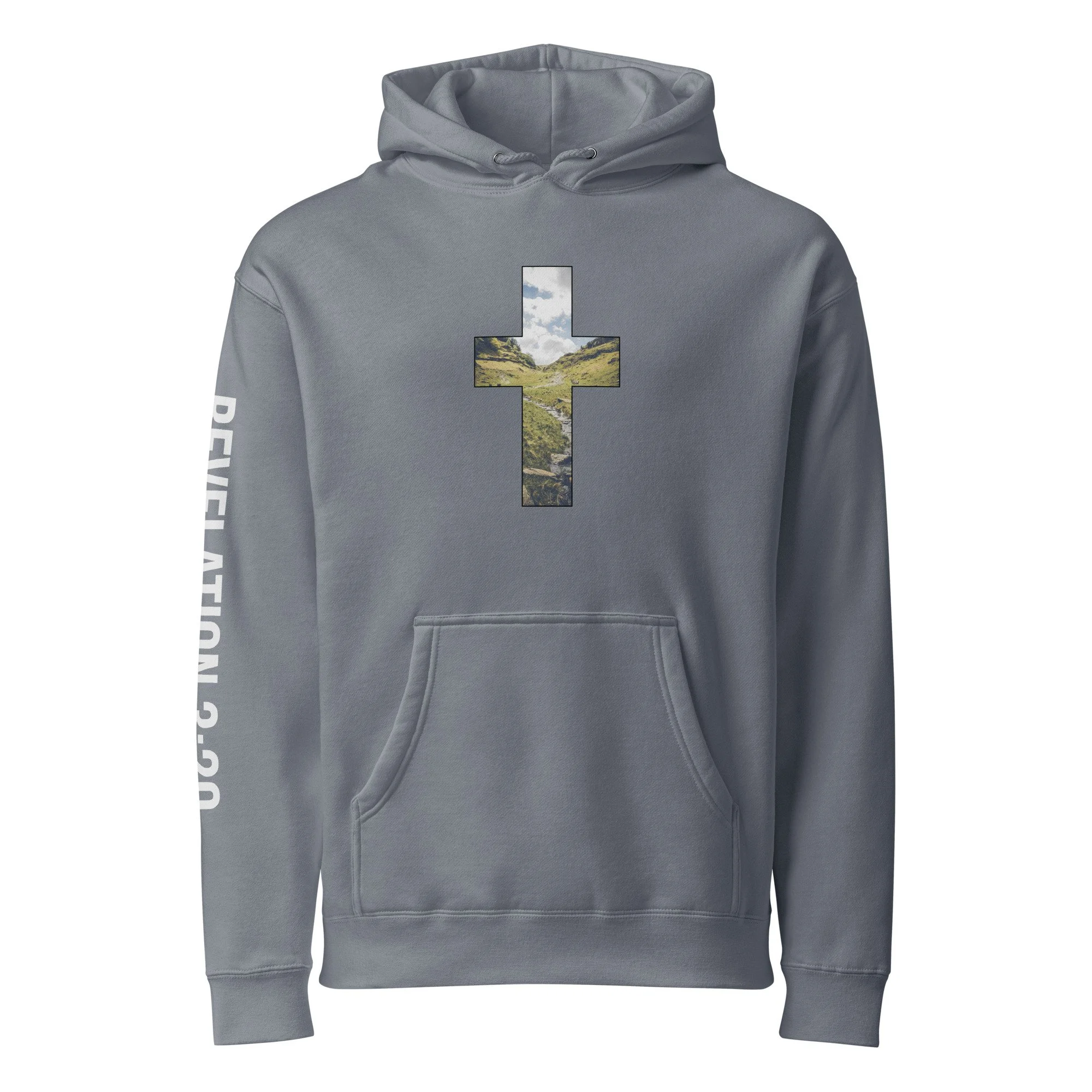 Unisex Heavyweight Hooded Sweatshirt | LAKE DISTRICT - CROSS DESIGN - REVELATION 3:20 -