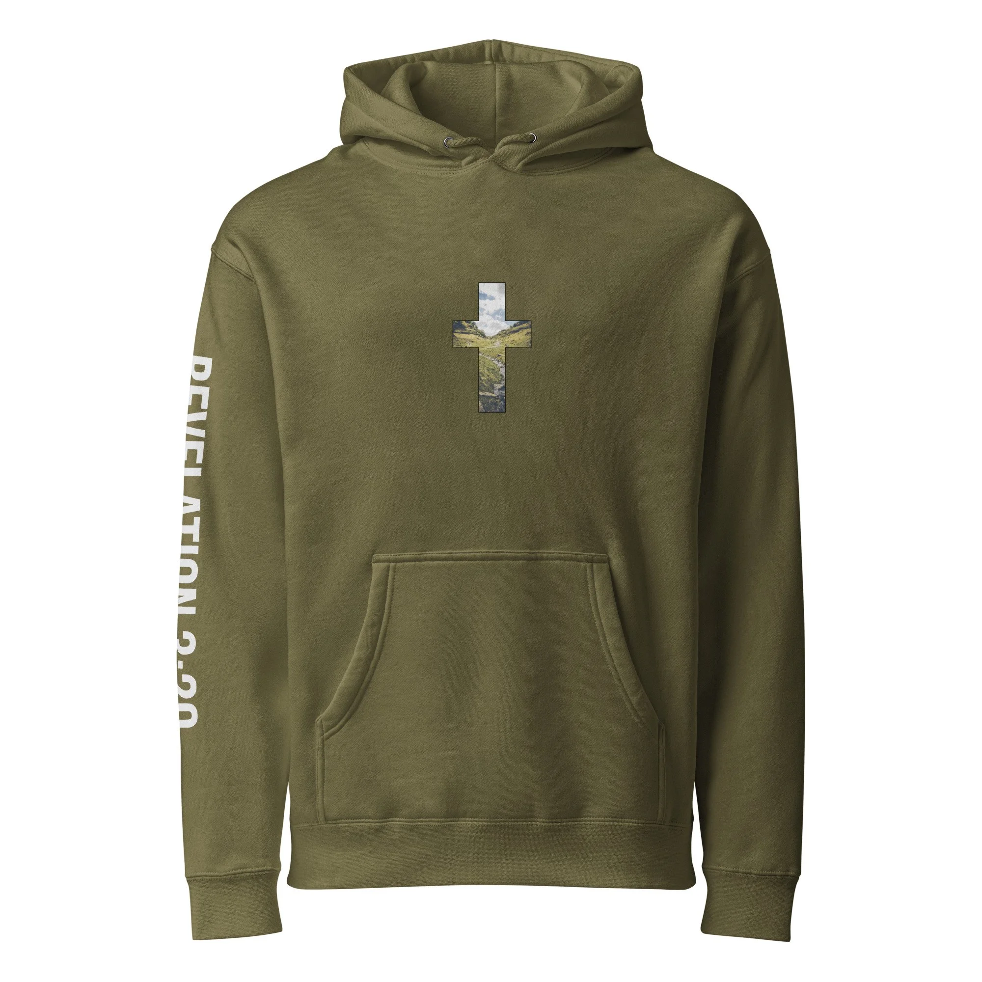Unisex Heavyweight Hooded Sweatshirt | LAKE DISTRICT - CROSS AND YAHWEH DESIGN - REVELATION 3:20 -