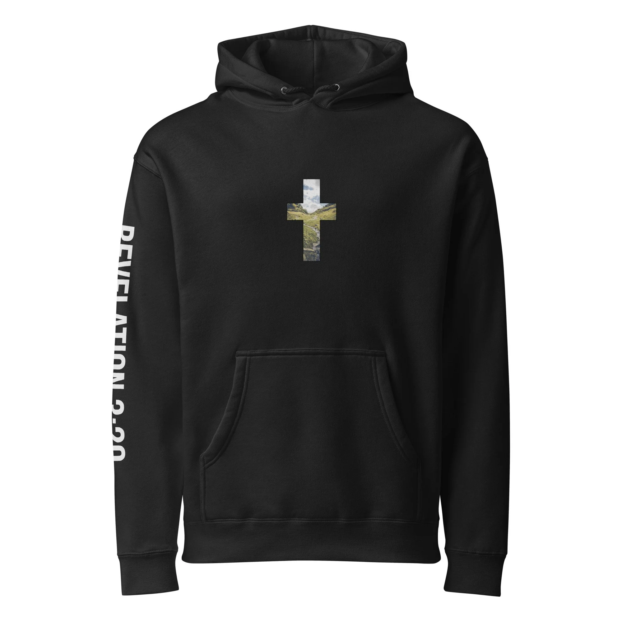 Unisex Heavyweight Hooded Sweatshirt | LAKE DISTRICT - CROSS AND YAHWEH DESIGN - REVELATION 3:20 -