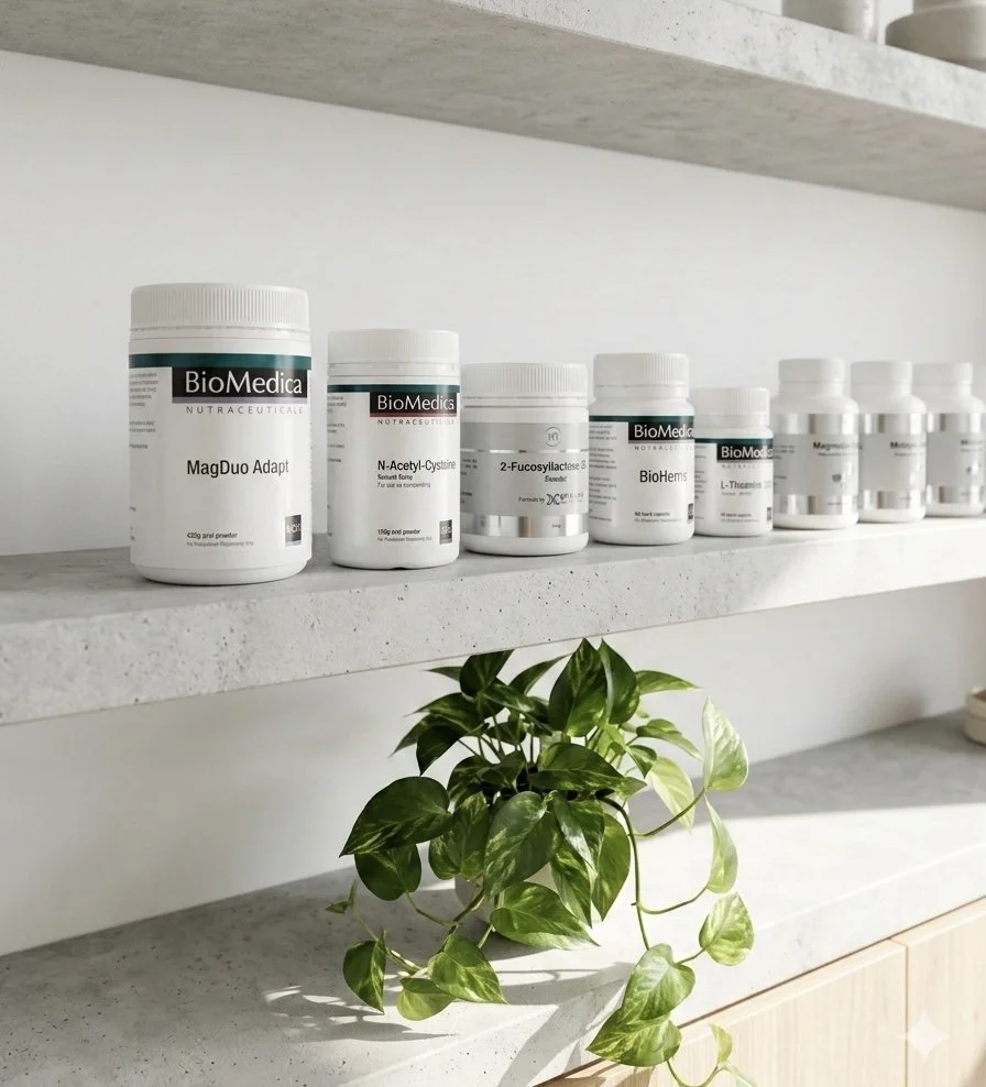 A row of supplement bottles on a white shelf with a green potted plant below.