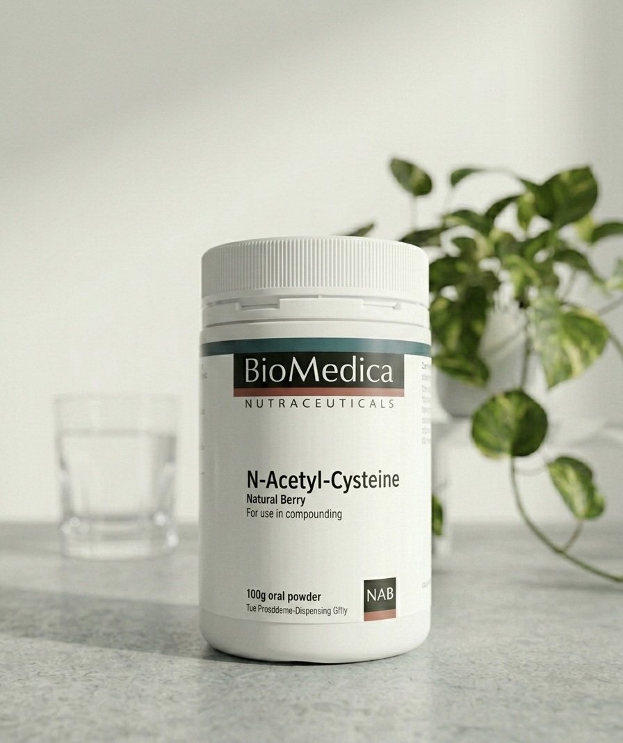 A white bottle of BioMedica N-Acetyl-Cysteine dietary supplement with a white cap on a gray surface, with a glass of water and a plant in the background.
