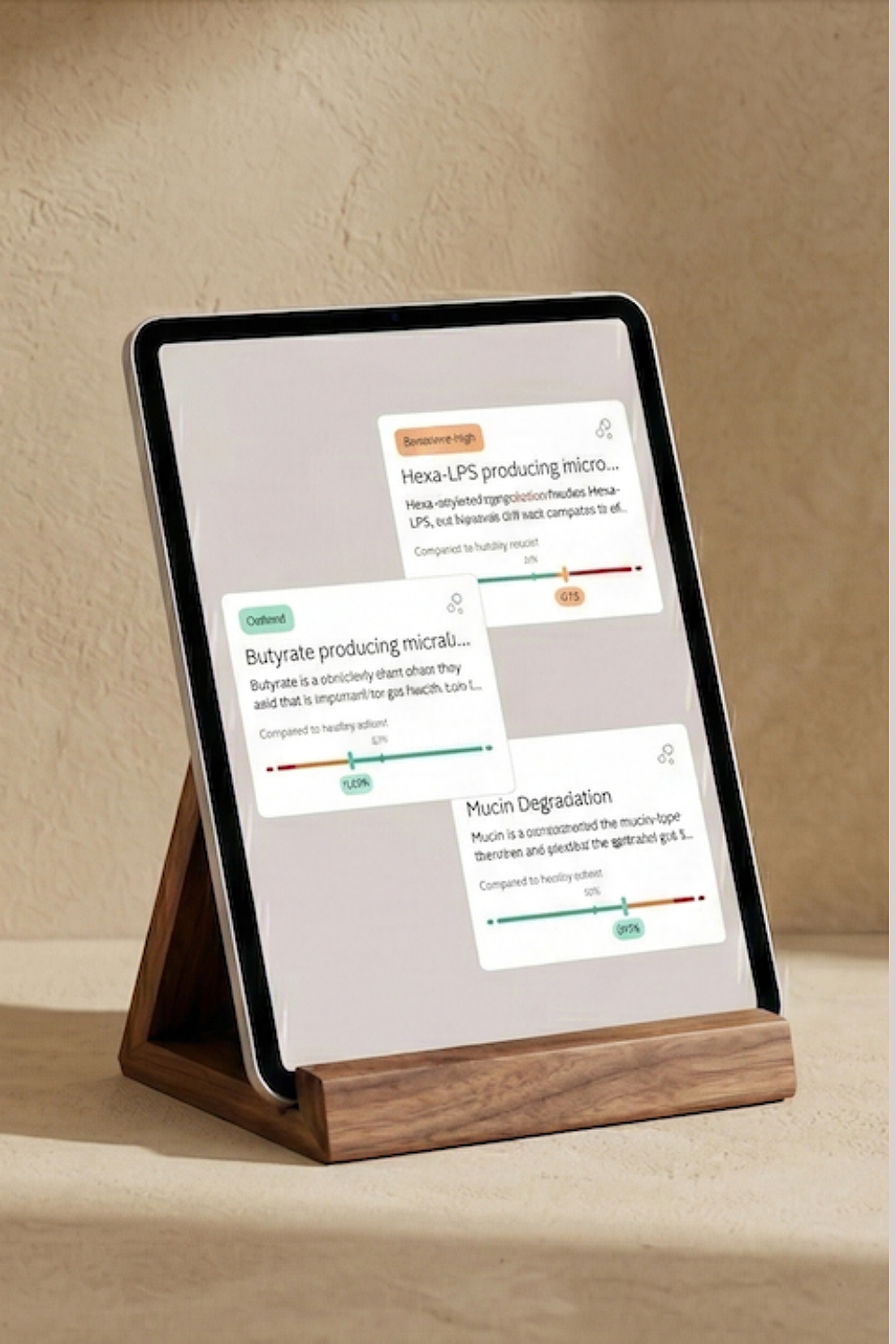 A tablet in a wooden stand on a beige table displays Microba gut testing results, including detailed metabolite data and multi-colored scientific charts, with a textured wall background.