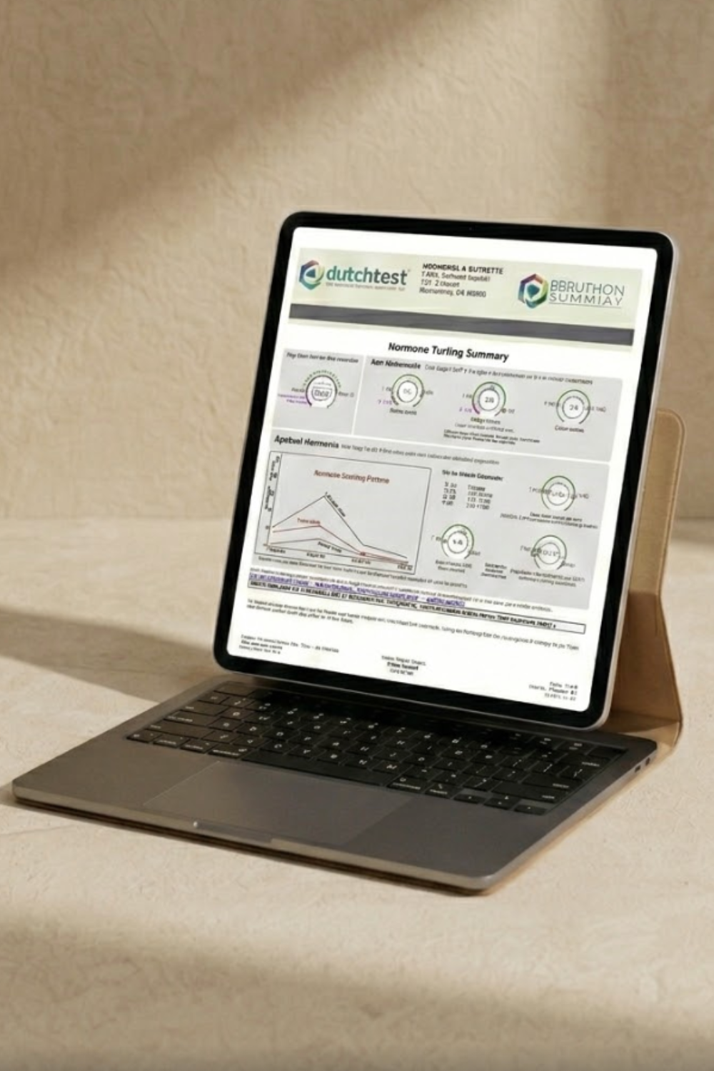 A tablet displaying a DUTCH female hormone testing report is positioned on a laptop stand, with a keyboard visible below the screen.