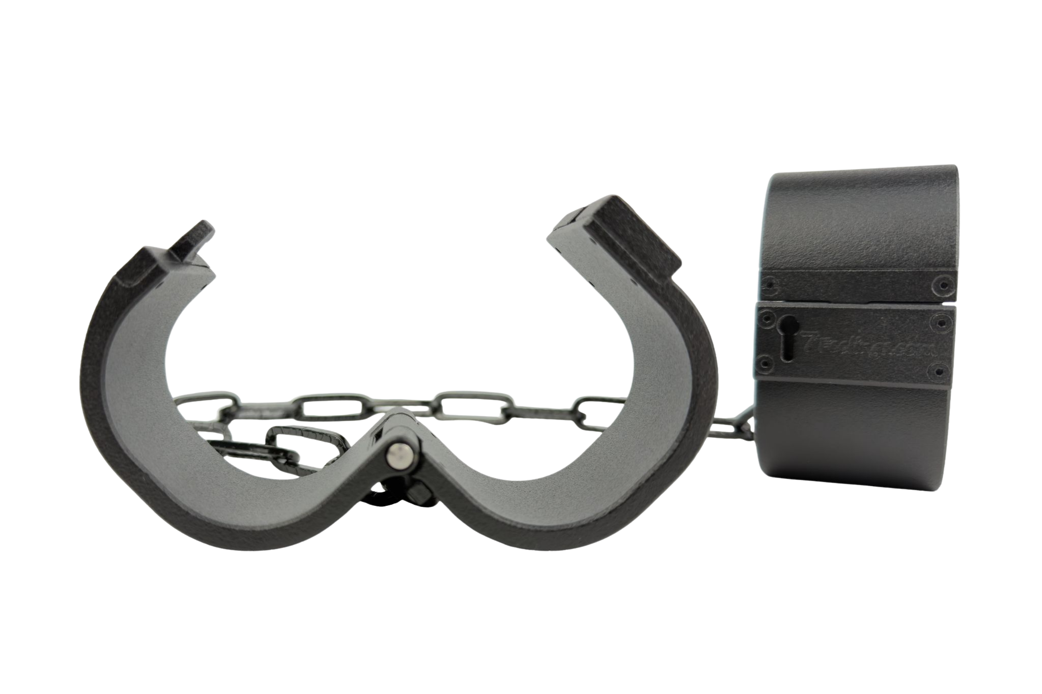 THE BOND Premium Handschellen in schwarzer matter Oberfläche, geöffnete Ansicht mit Kettenverbindung