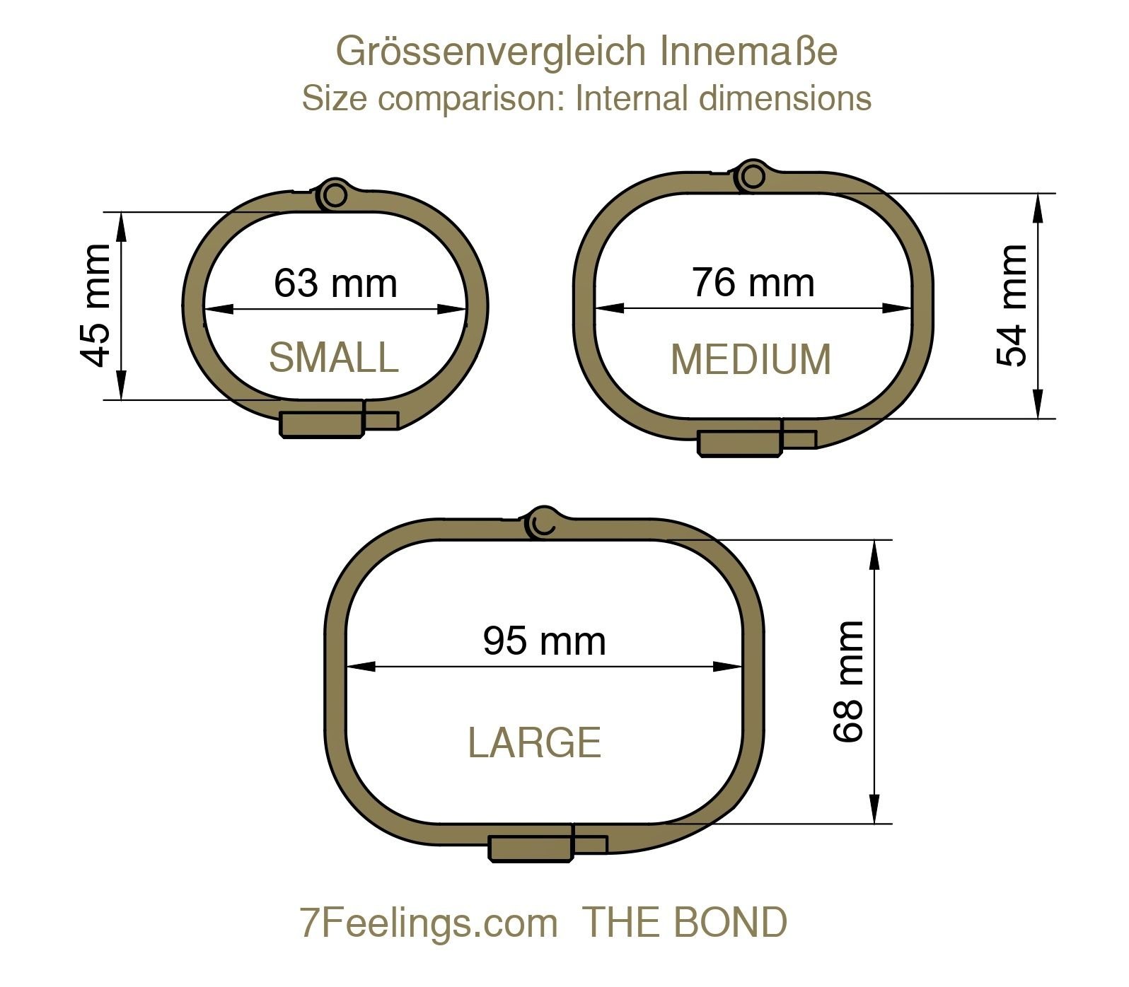 7FEELINGS THE BOND – Größenvergleich der Innenmaße Small, Medium und Large
