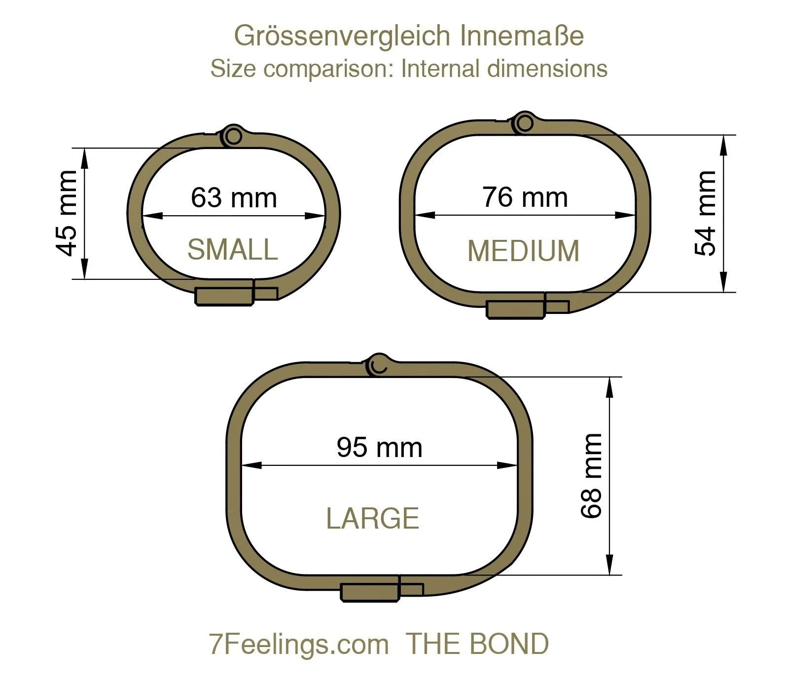 7FEELINGS THE BOND – Größenvergleich der Innenmaße Small, Medium und Large