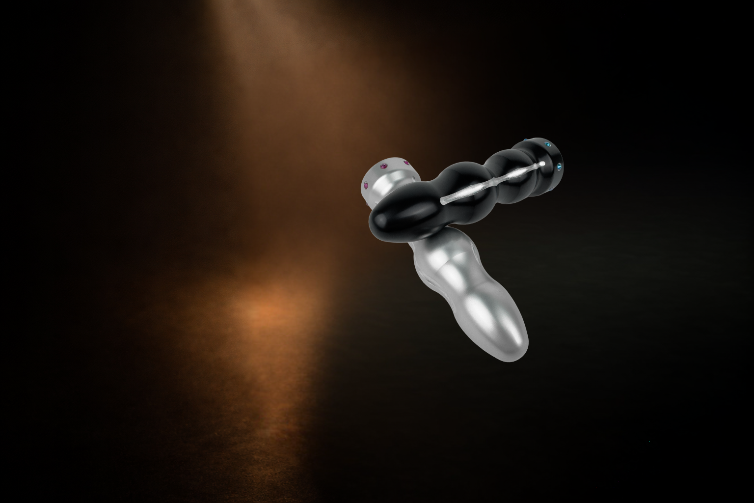 Skulpturales Functional-Art-Objekt aus Aluminium, kunstvoll beleuchtet vor dunklem, warmem Hintergrund – Pleasure & Art Line von 7FEELINGS.