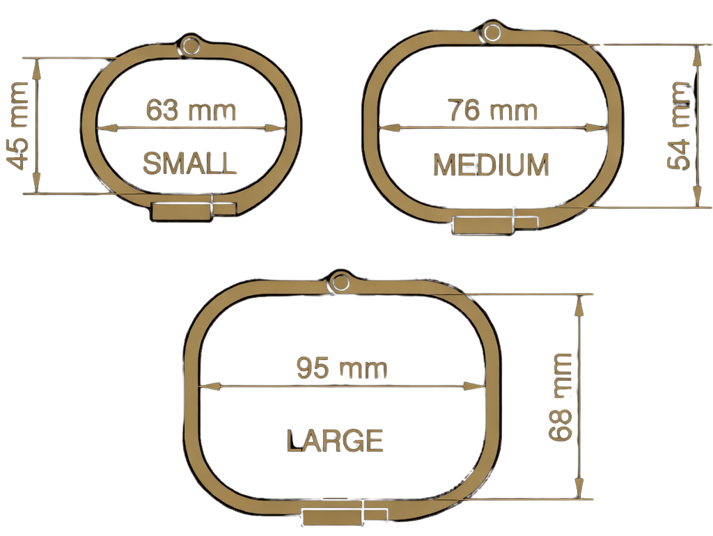 Größenvergleich der Innenmaße von THE BOND Handschellen in Small, Medium und Large