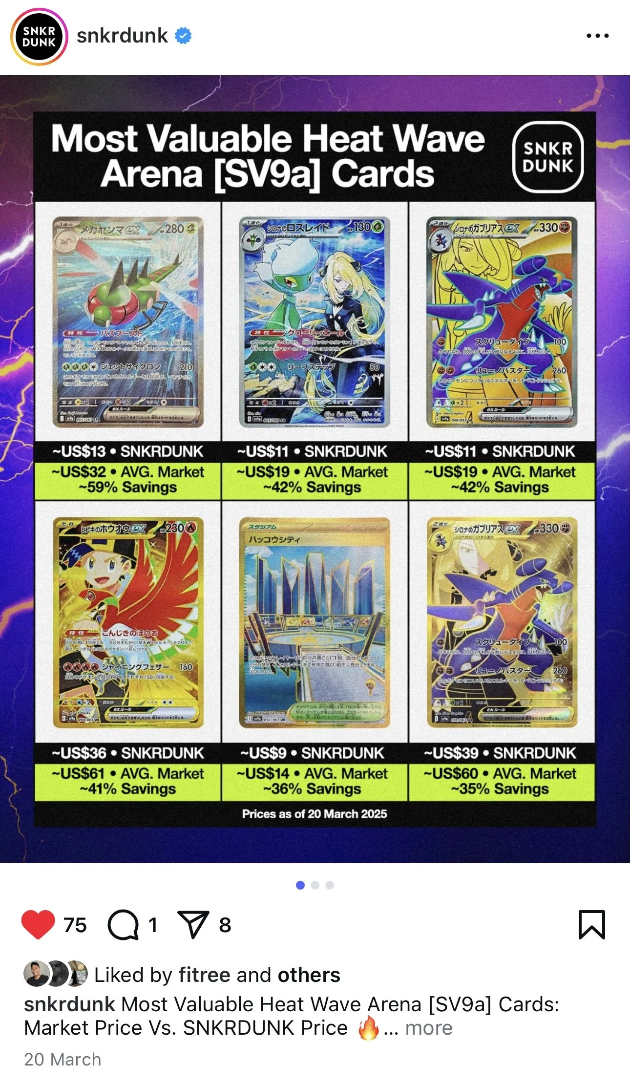 Image showing a comparison of valuable Heat Wave Arena [SV9a] cards, including Pokémon cards with prices, market averages, and savings, with a colorful lightning background.