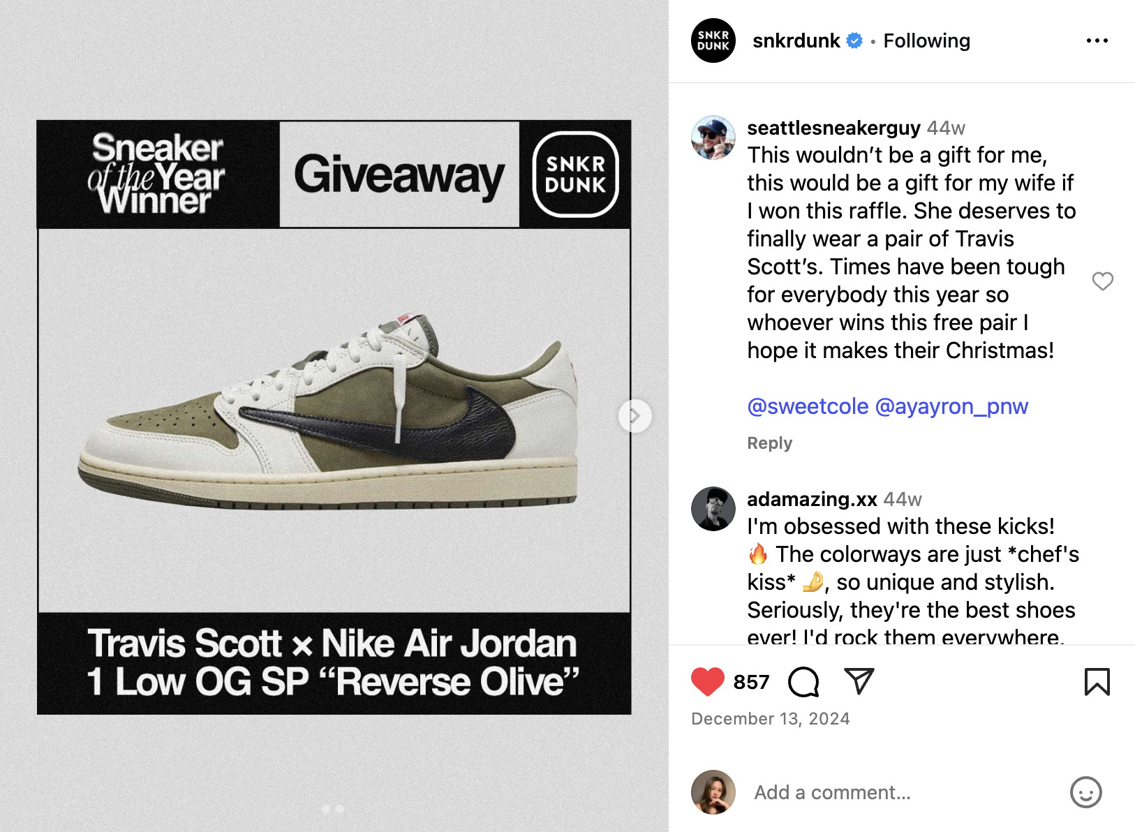 Promotional graphic for a sneaker giveaway featuring a Travis Scott x Nike Air Jordan 1 Low OG SP 'Reverse Olive' shoe with a black Nike swoosh on a gray background.