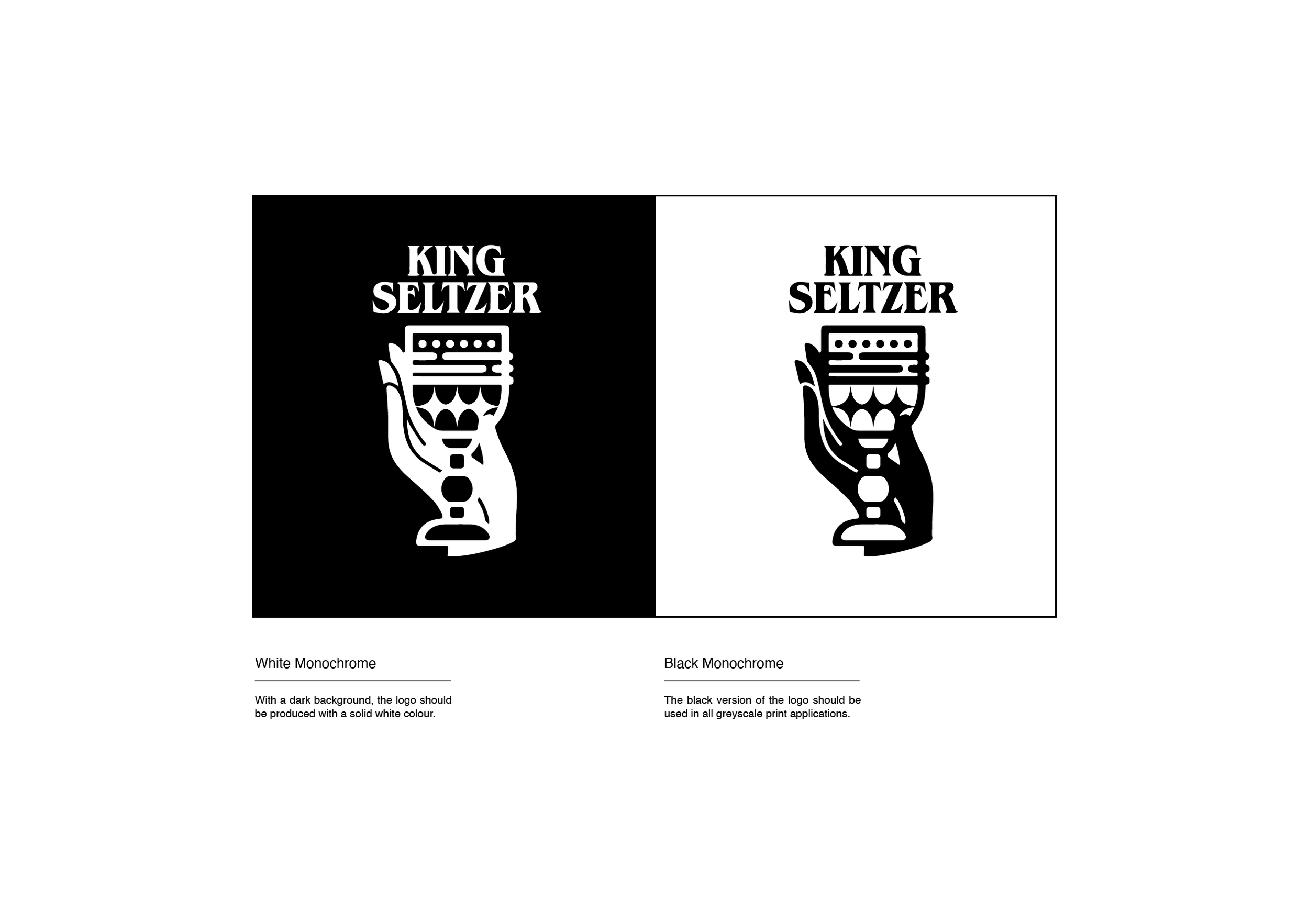 Comparison of two versions of a logo for 'King Seltzer,' one in white on a black background and one in black on a white background. The logos feature a hand holding a beer glass.
