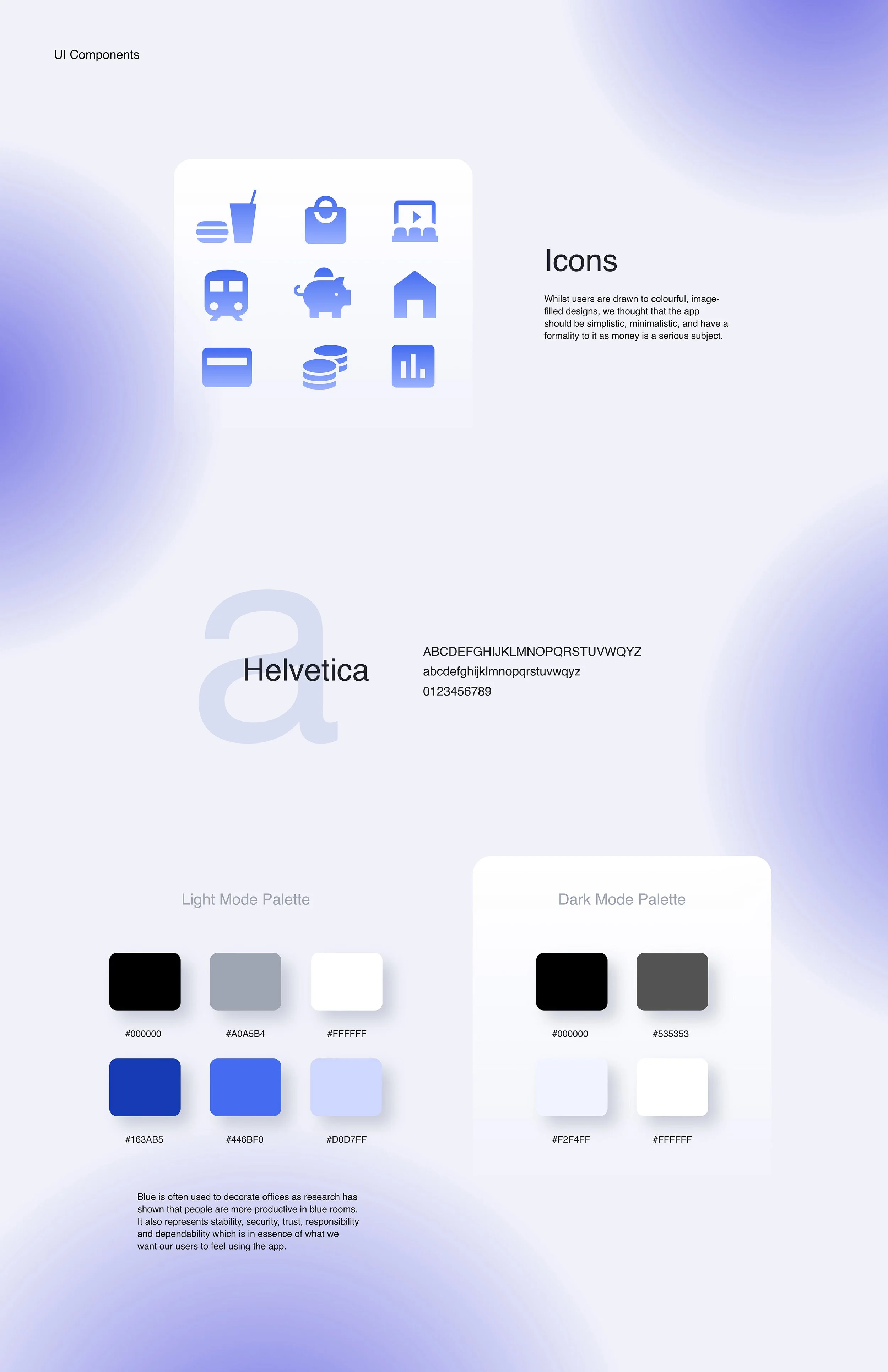 A design mockup showcasing user interface elements, including icons, typography, color palettes for light and dark modes, and sample text with the Helvetica font, set against a softly gradient blue background.