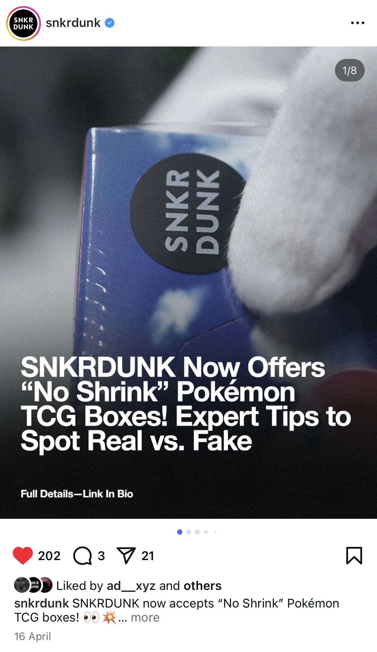 Close-up of a blue Pokémon TCG box with a black sticker that says 'SNKR DUNK'.