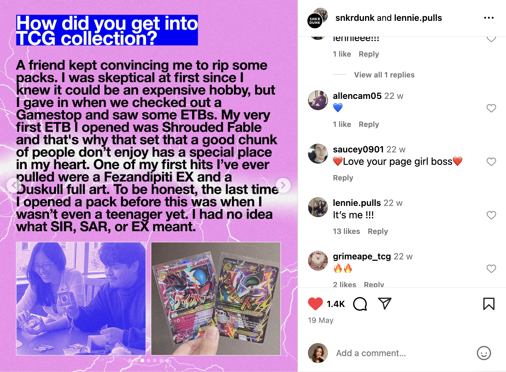 Instagram post with a pink background, lightning graphic, and photos of people playing trading card games and holding Pokémon cards. The post explains a person's first experience with collecting TCG cards, mentioning specific cards and personal anecdotes.