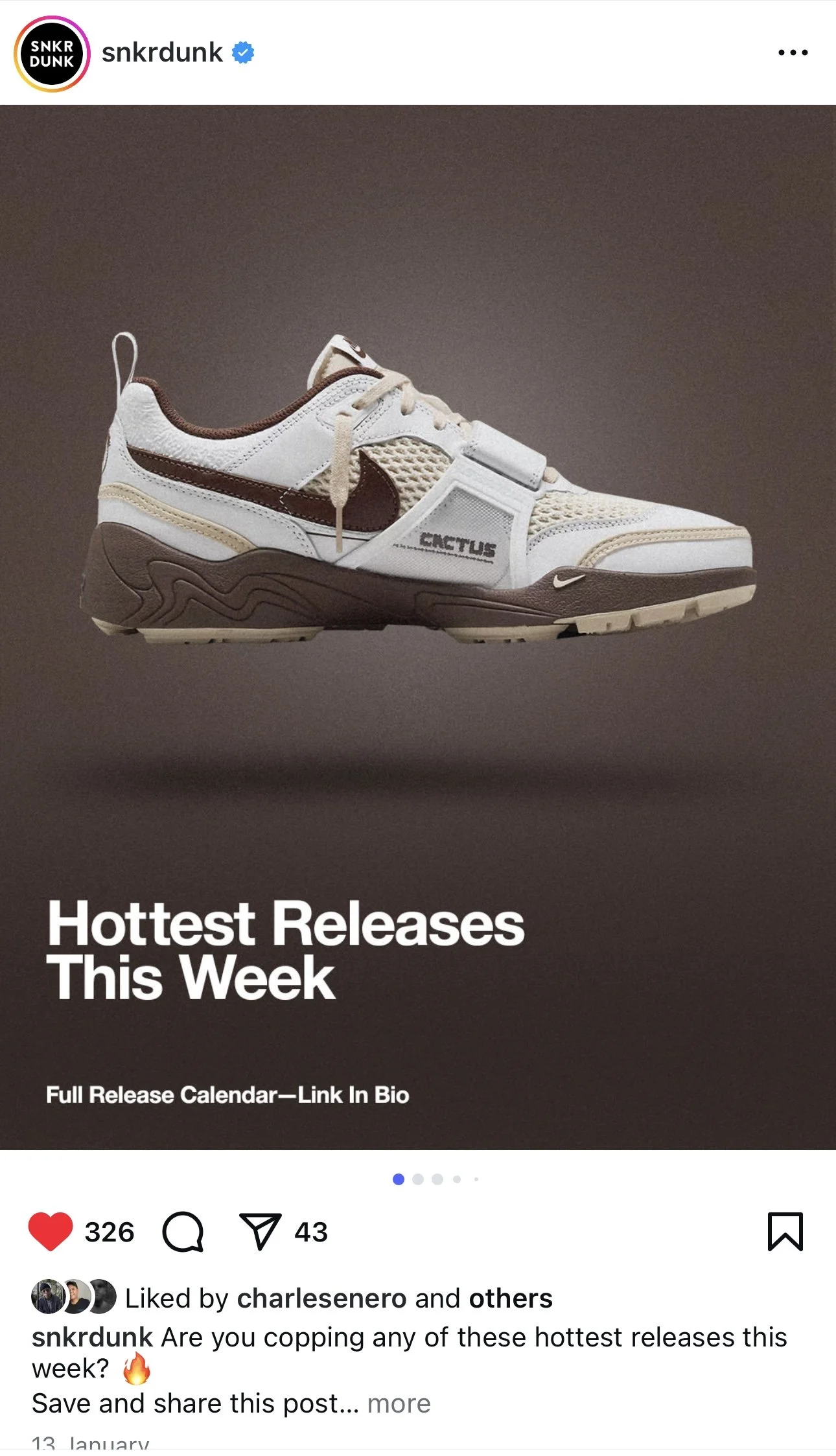 A sneaker with a mix of beige, white, and brown colors, displayed floating against a plain background.