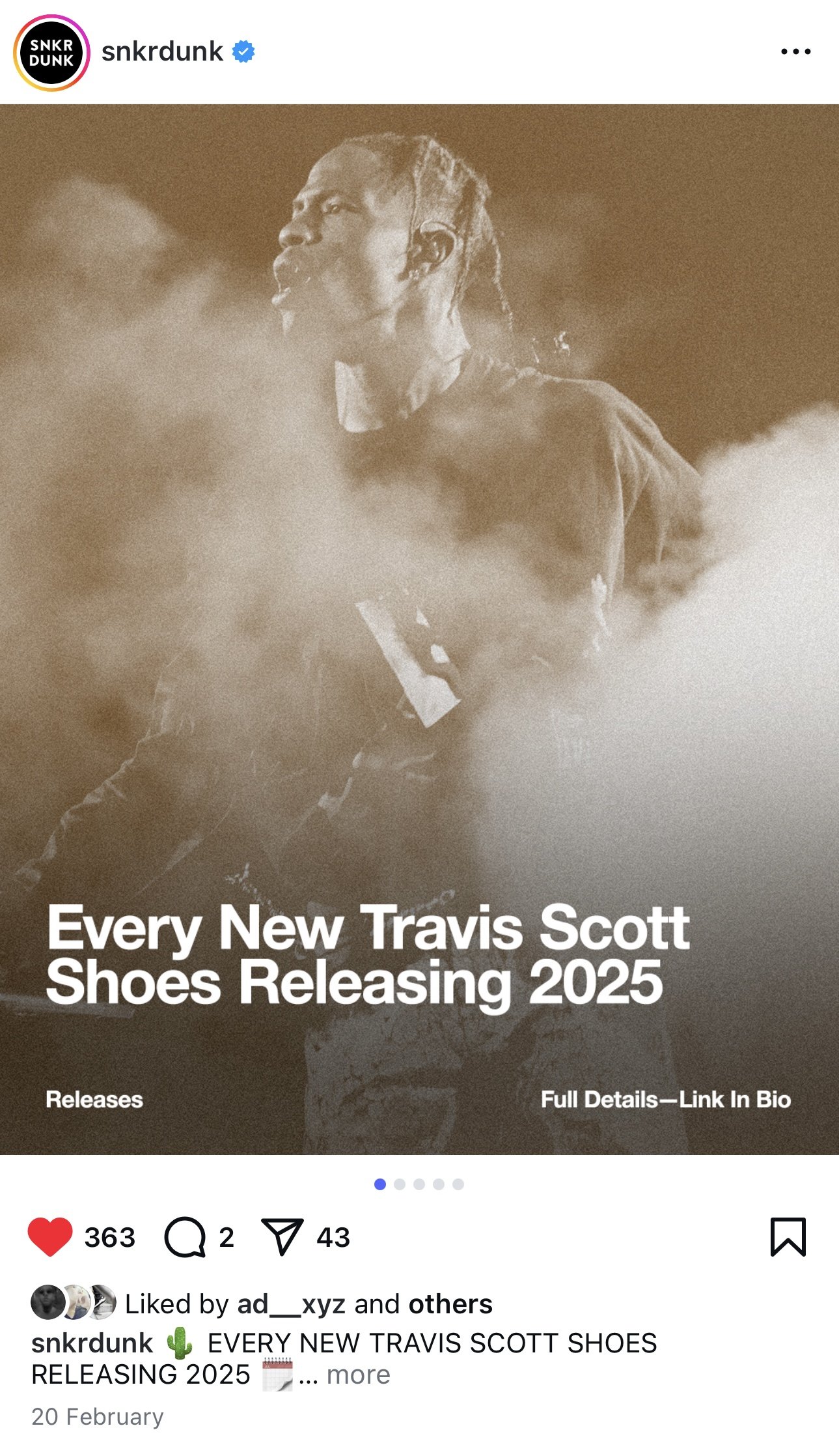 Black and white photo of Travis Scott performing, with smoke and dramatic lighting, promoting new shoe release for 2025.