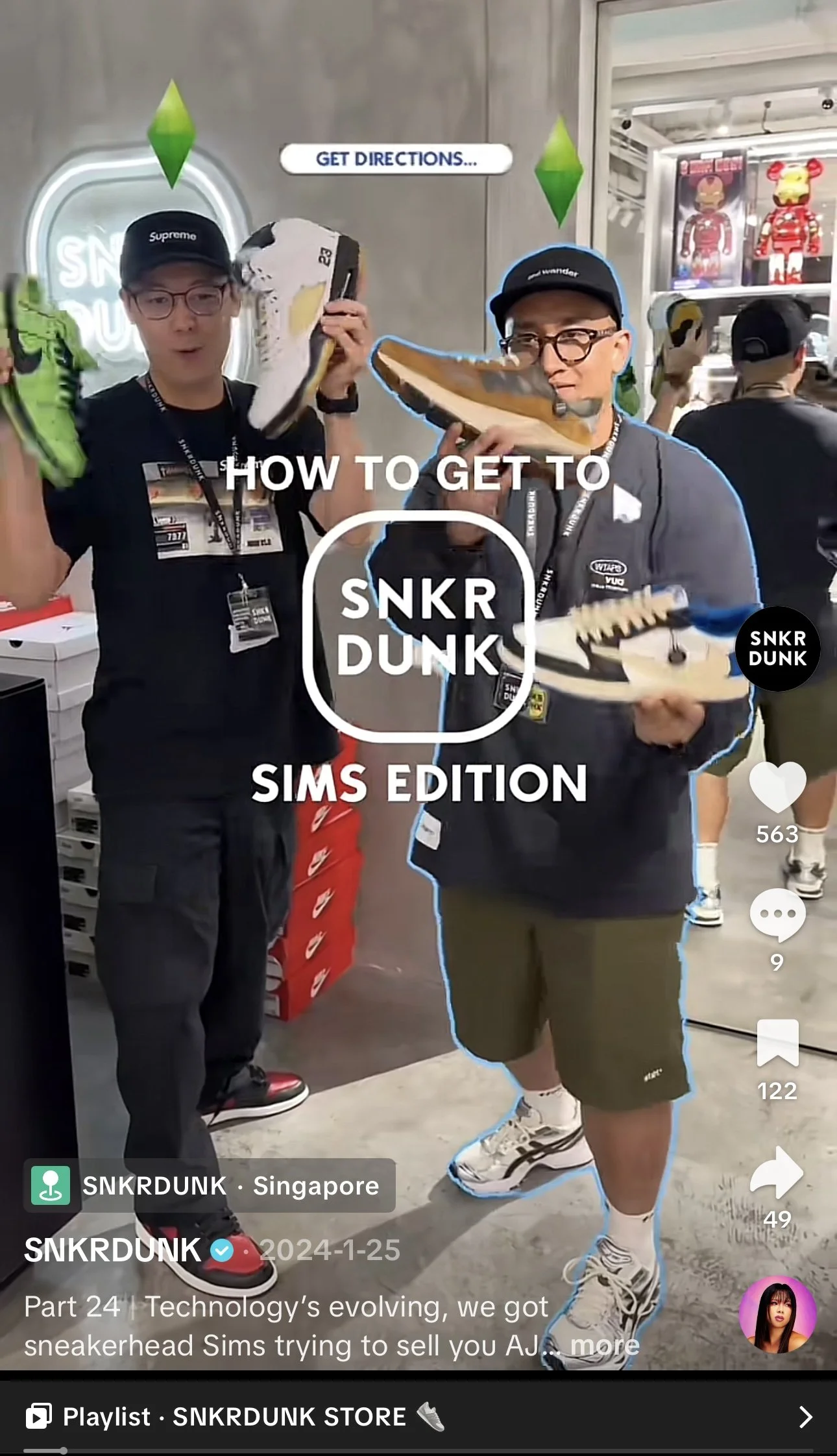 Two men dressed in casual clothing holding sneakers at a sneaker event, with a sign and display of sneakers in the background, promoting how to get the SNKR DUNK Sims Edition.