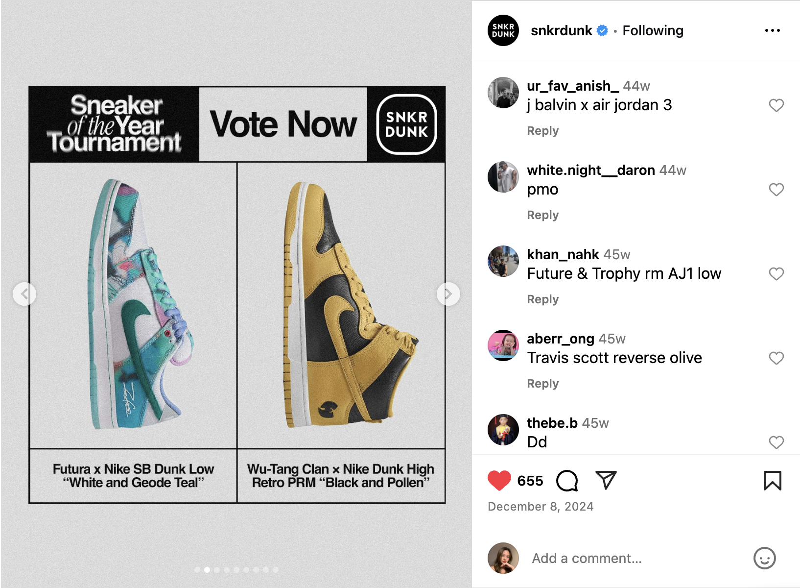 Side-by-side images of two sneakers with a text overlay promoting a sneaker tournament and voting. The left sneaker is Futura x Nike SB Dunk Low in White and Geode Teal, and the right sneaker is Wu-Tang Clan x Nike Dunk High Retro PRM in Black and Pollen.