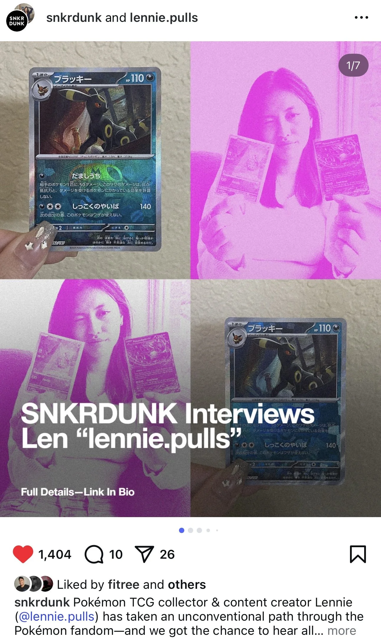 A woman holding two Pokémon cards, one in each hand, while winking at the camera. The photo is split into four quadrants with a pink filter on the top right and bottom left quadrants. A Pokémon card featuring Buzzwole is visible in two quadrants.