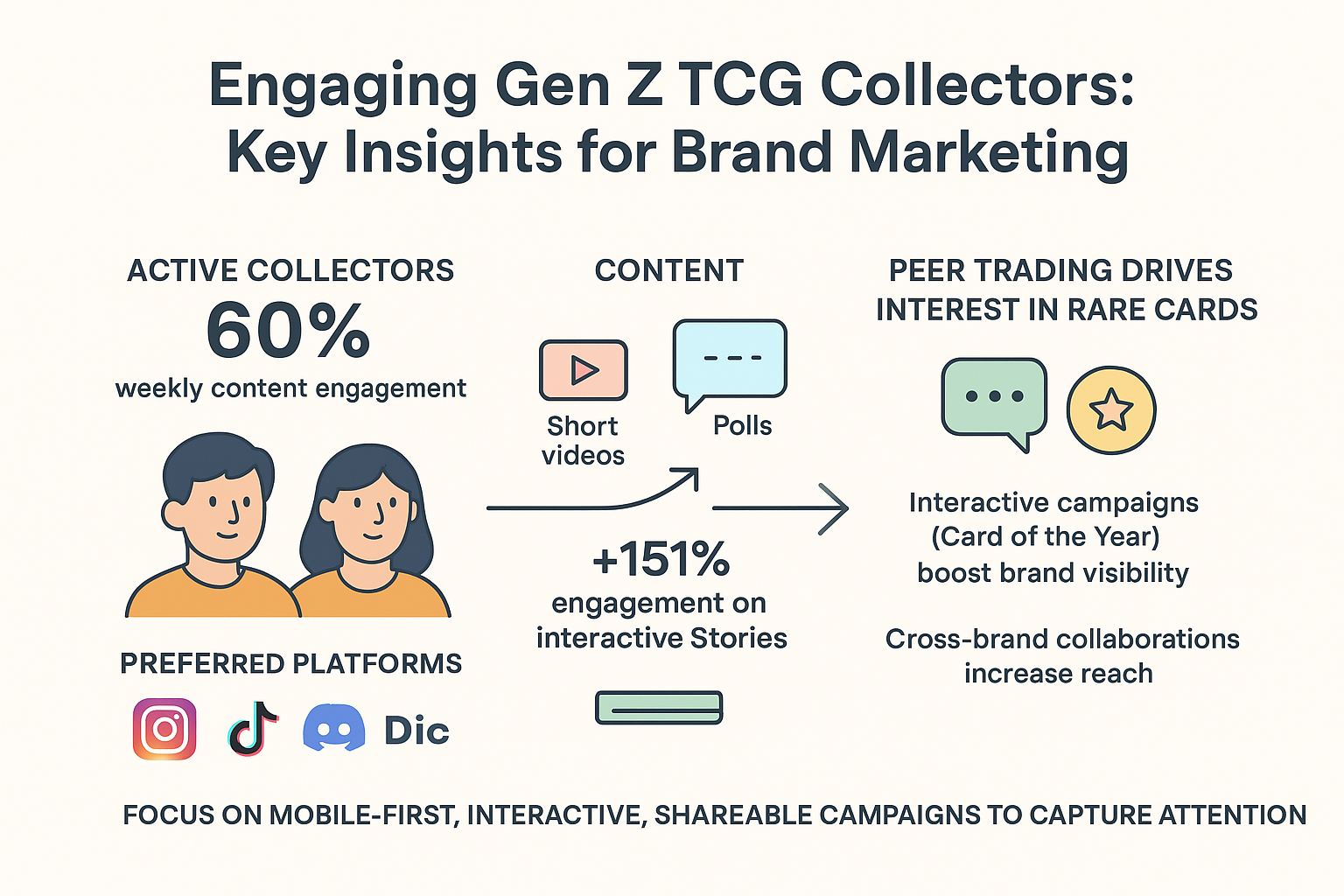 Infographic titled "Engaging Gen Z TCG Collectors: Key Insights for Brand Marketing". Highlights include 60% weekly content engagement, preferred platforms like Instagram, TikTok, Discord, content types like short videos and polls, a 151% increase in engagement on interactive stories, and strategies like peer trading, interactive campaigns, and cross-brand collaborations.