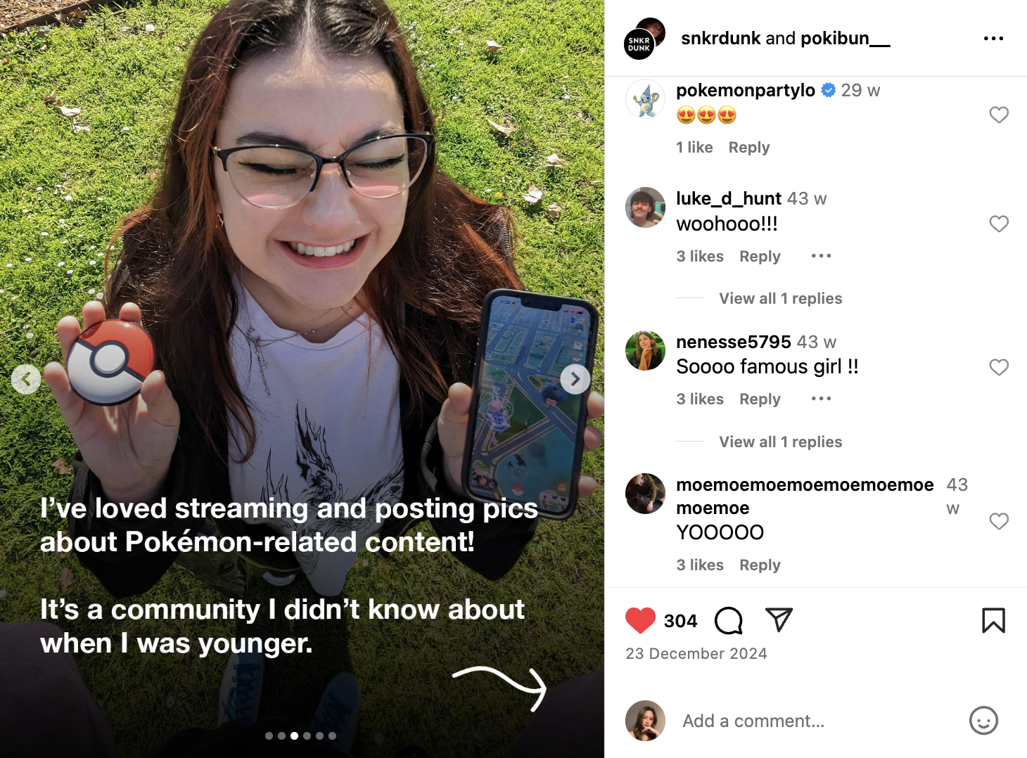 A young woman with glasses smiling and holding a Poké Ball in one hand and a smartphone showing the Pokémon Go game in the other. She is outdoors on a grassy field, and the photo appears to be a screenshot from an Instagram post.