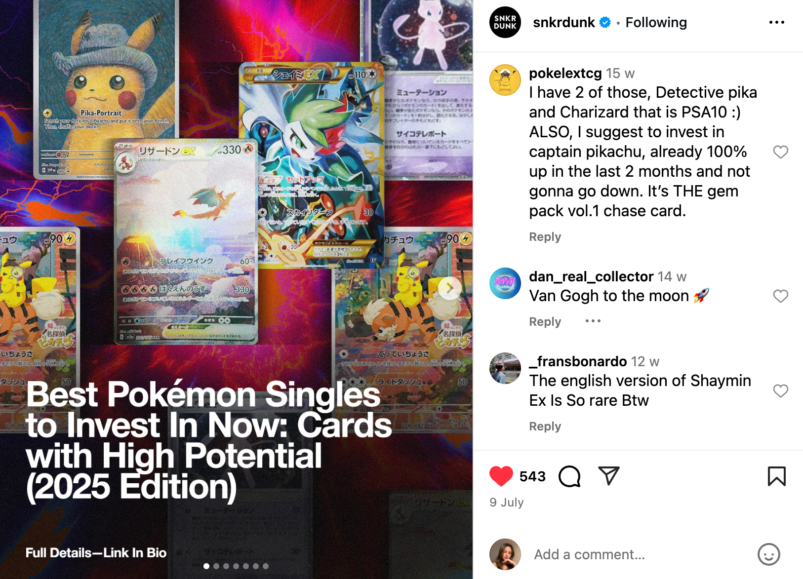 Various Pokémon trading cards, including Pikachu with a witch hat, Charizard, and others, are displayed on a colorful, lightning-patterned background, with a large text overlay promoting investment in Pokémon singles with high potential.