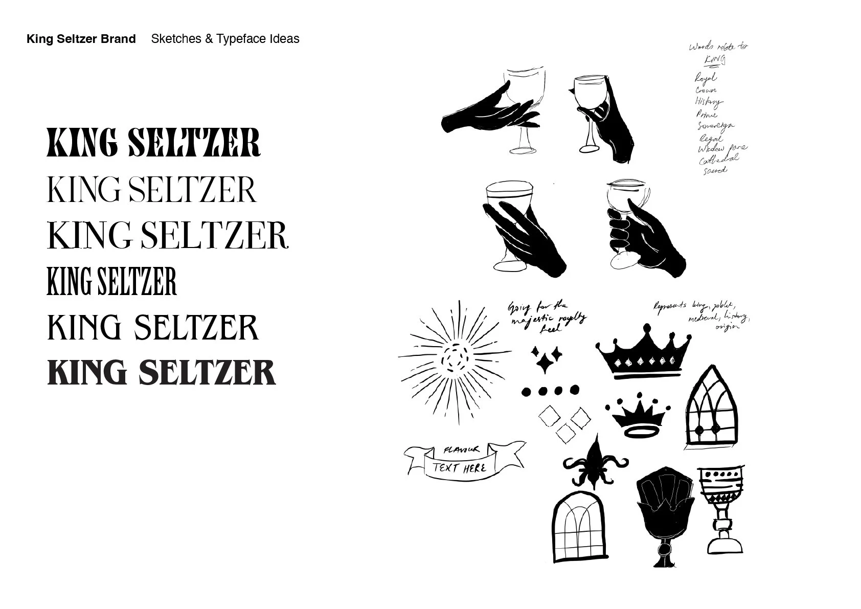 Sketches and typeface ideas for King Seltzer brand, including various crown and jewel symbols, wine glass illustrations, and handwritten notes.