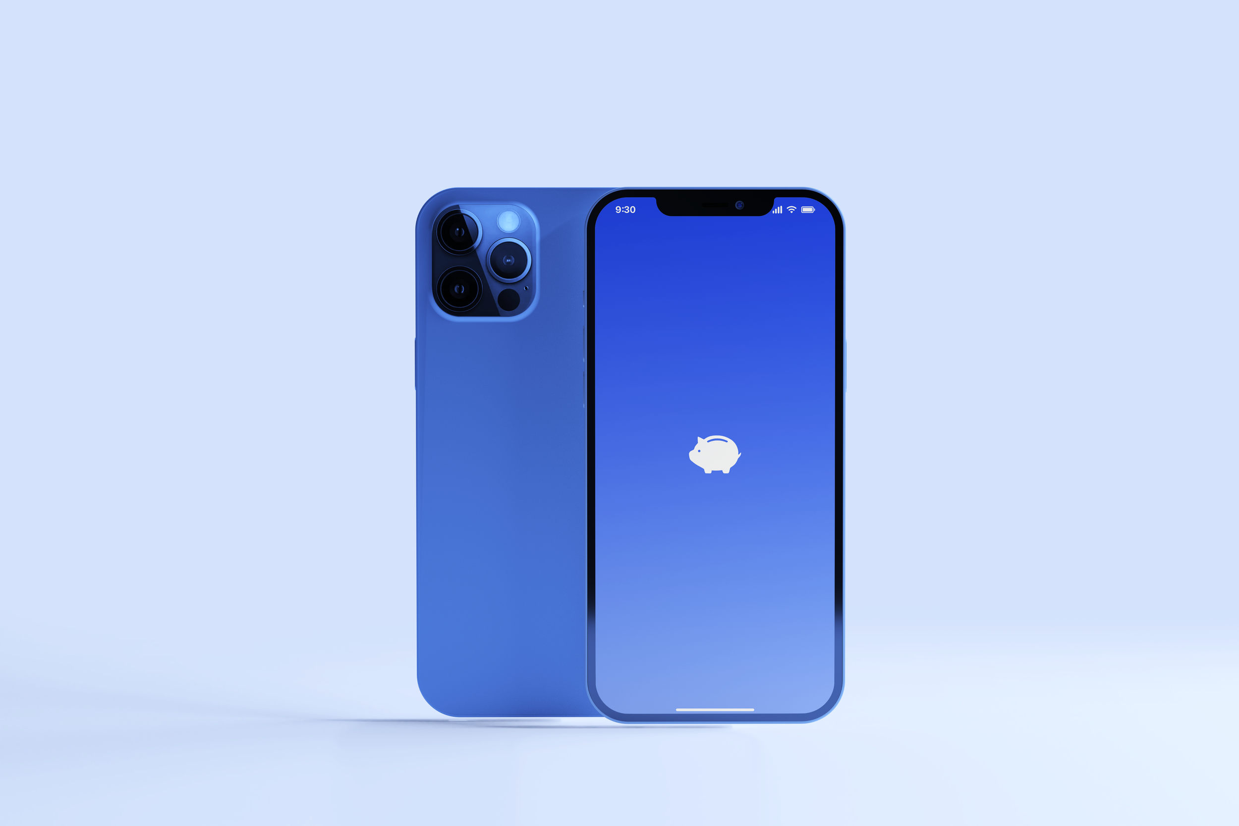 A blue iPhone with a triple-lens camera is shown with its screen displaying a pig icon on a blue gradient background.