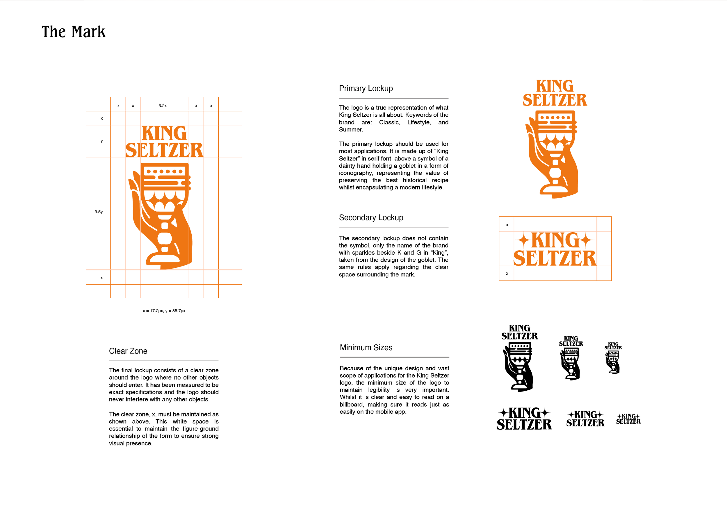 Design guidelines and logo variations for King Seltzer, including primary lockup, secondary lockup, clear zone, and minimum sizes, with illustrations and text explaining each element.