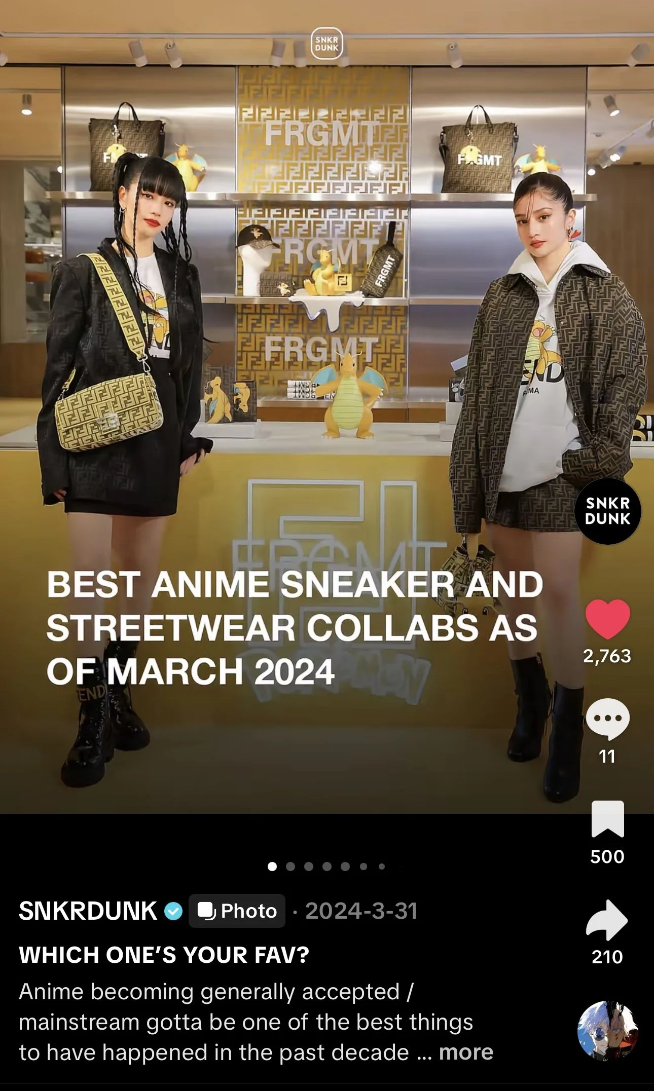 Two women in black and brown Fendi-themed streetwear and sneakers posing in front of a yellow Fendi display with cartoon dragon statuettes, handbags, and Fendi branding.