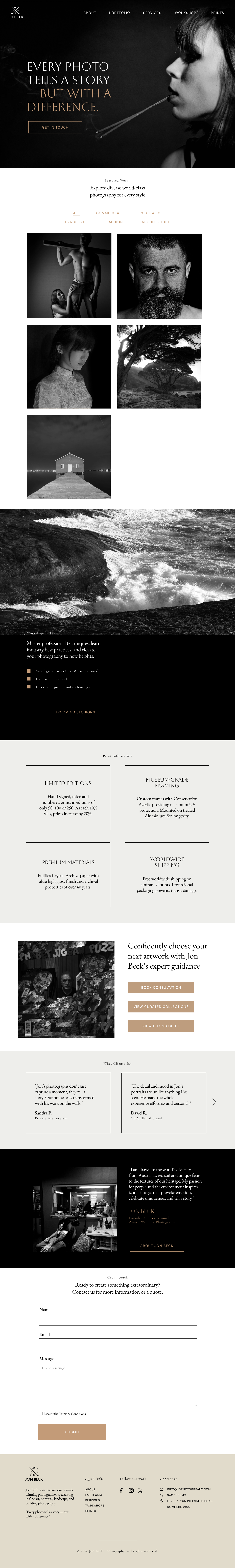 A webpage for a photography service featuring black and white images of people and landscapes, with text about storytelling through photos and a contact form at the bottom.