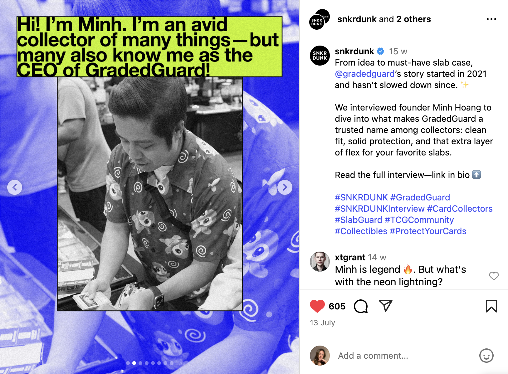 Black and white photograph of Minh Hoang wearing a colorful patterned shirt, at a trade show or convention table, with promotional materials, and addressed under a vibrant blue and yellow background. The text overlay introduces Minh as the CEO of GradedGuard and an avid collector.