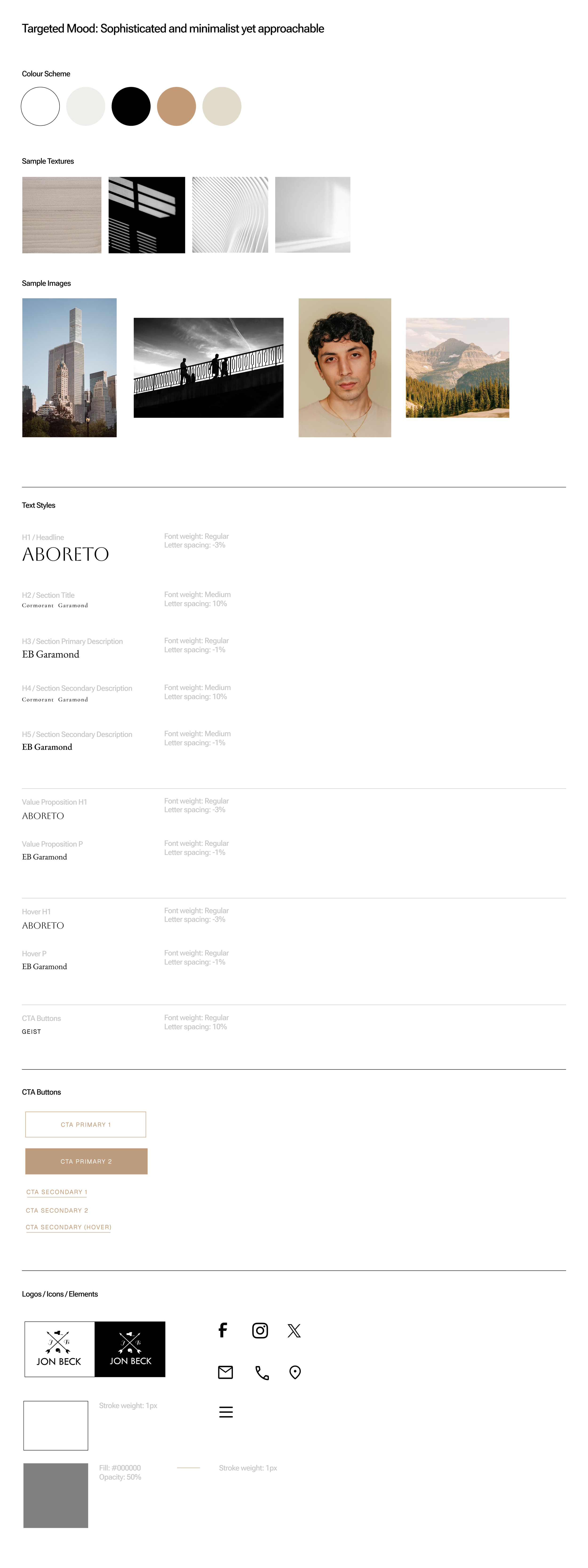 Design board with color scheme, textures, sample images of cityscape, bridge, portrait, and nature, along with text style guidelines and logo icons.