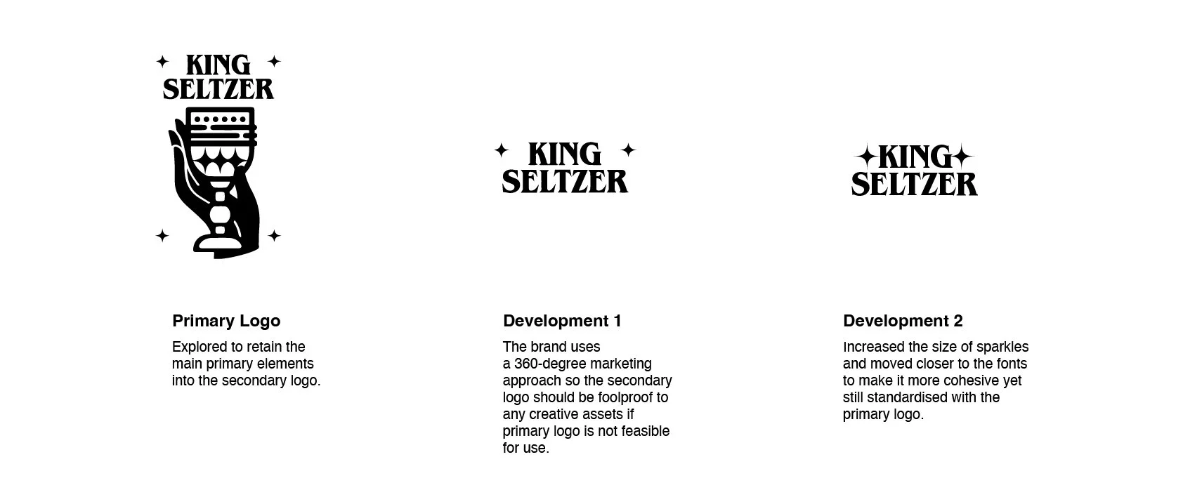 A design document for the King Seltzer logo showing three logo versions and their development notes. The primary logo features a hand holding a glass with sparkles, labeled "KING SELTZER."