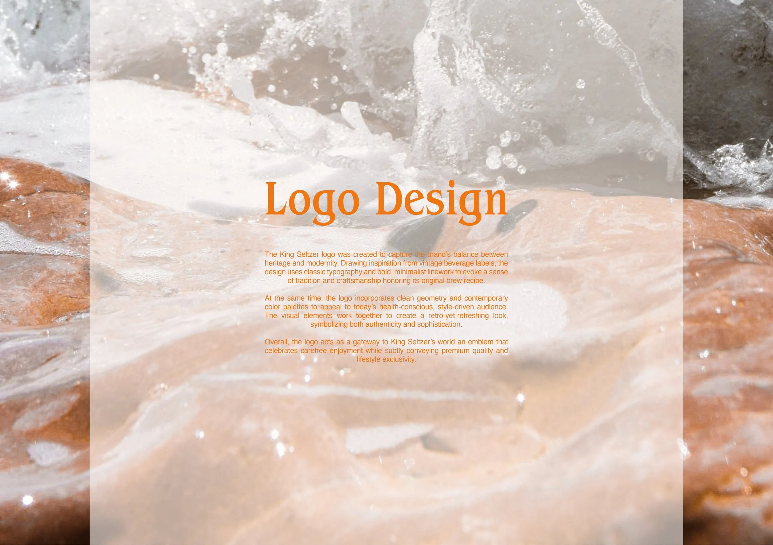 A graphic design with a background of water splashing around rocks, overlaid with text about logo design, featuring an orange font for the title and smaller orange text describing the design concept.