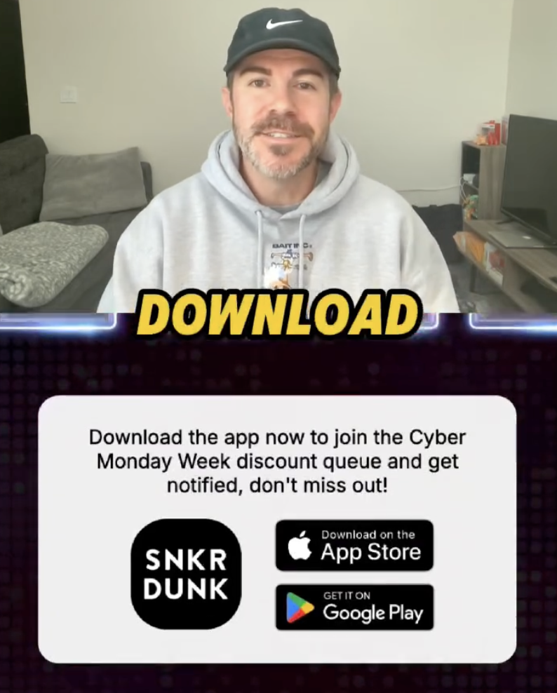 A man wearing a black Nike cap and a gray hoodie sitting in a living room with a couch and a television, with a promotional graphic for snkr dunk app encouraging viewers to download for Cyber Monday discounts.