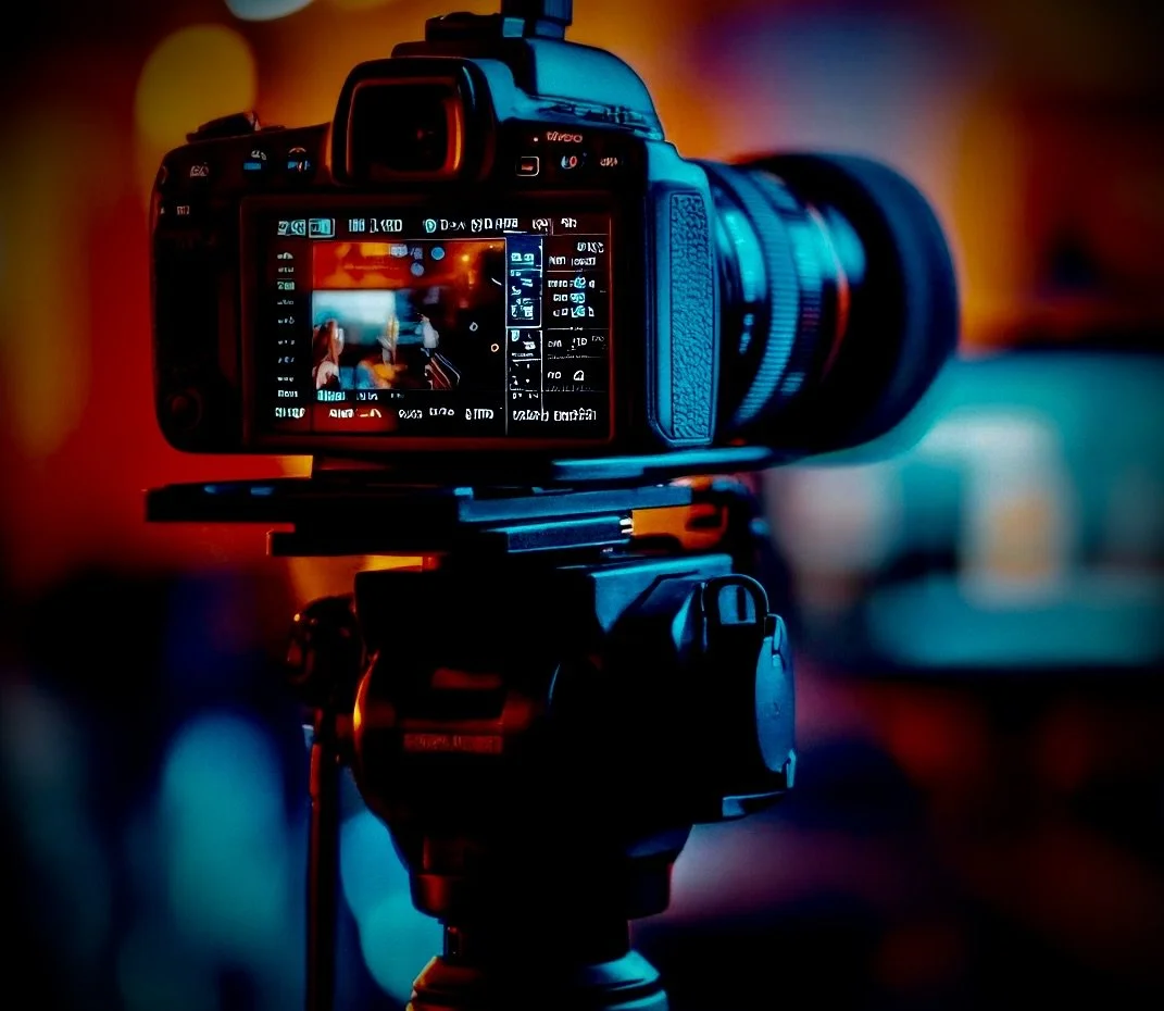 A professional camera mounted on a tripod, focused on a scene with colorful lights and blurred background.