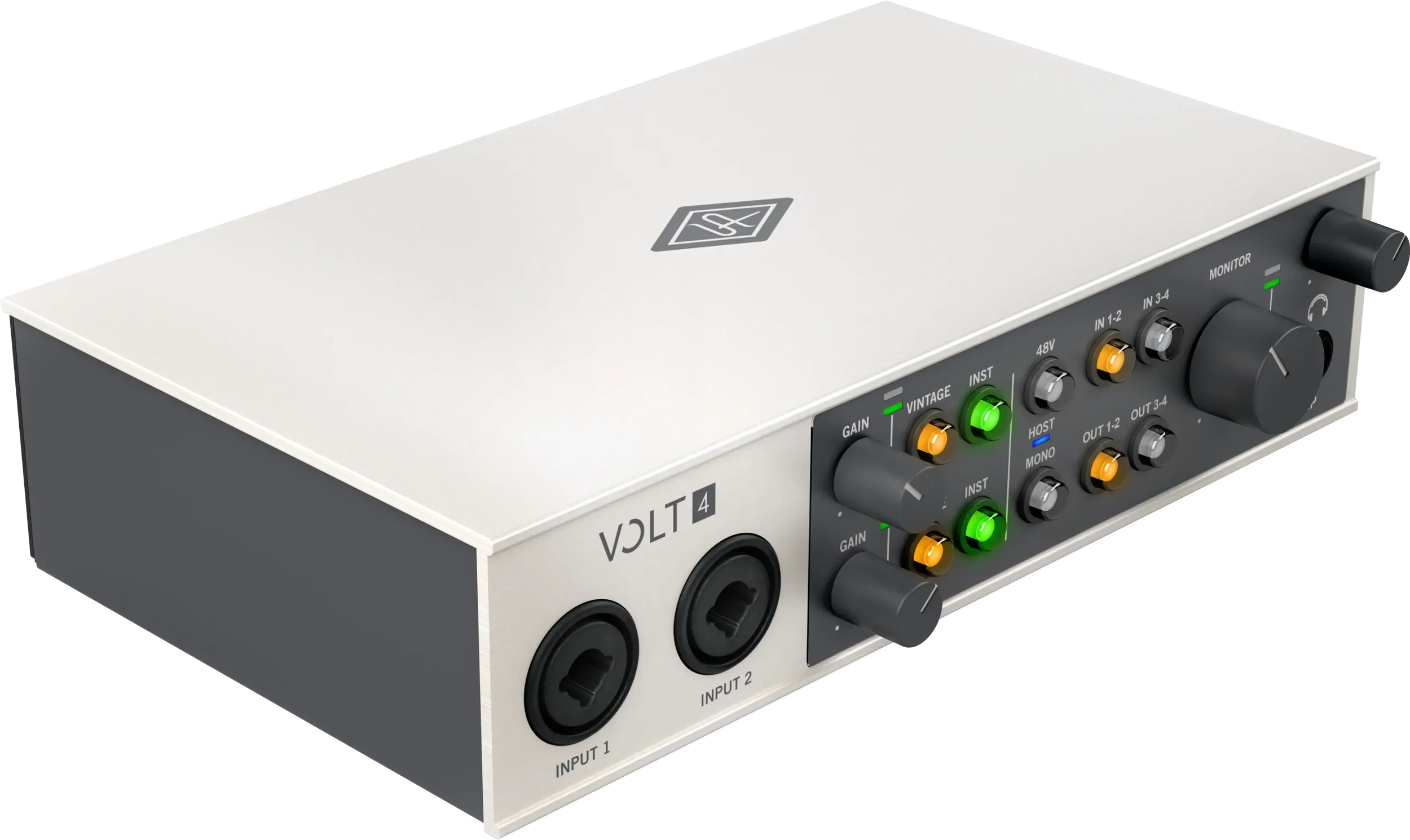 Audio interface device with multiple input and output controls, LED indicators, and power socket, labeled Volt4.