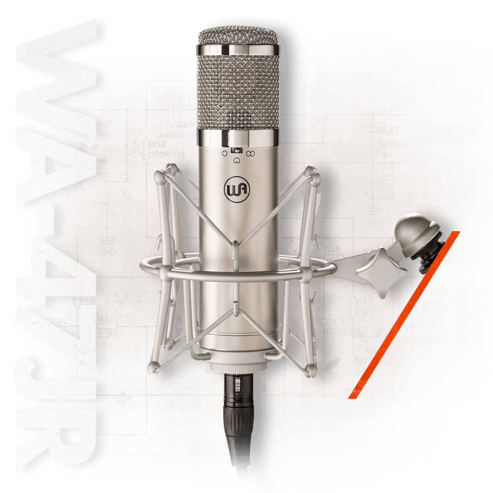 A professional studio microphone with a shock mount, placed on a background featuring audio equipment schematics, with the word "REVIEW" in large white letters along the left side.