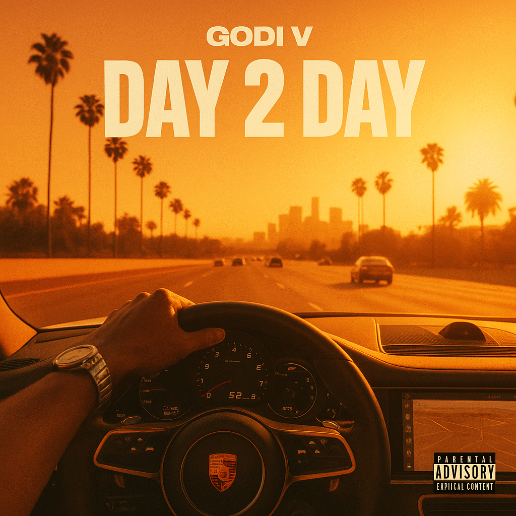 A view from inside a car driving on a highway with palm trees on both sides and a city skyline in the distance during sunset. The text on the image reads 'GODI V DAY 2 DAY' and there is a parental advisory label in the bottom right corner.