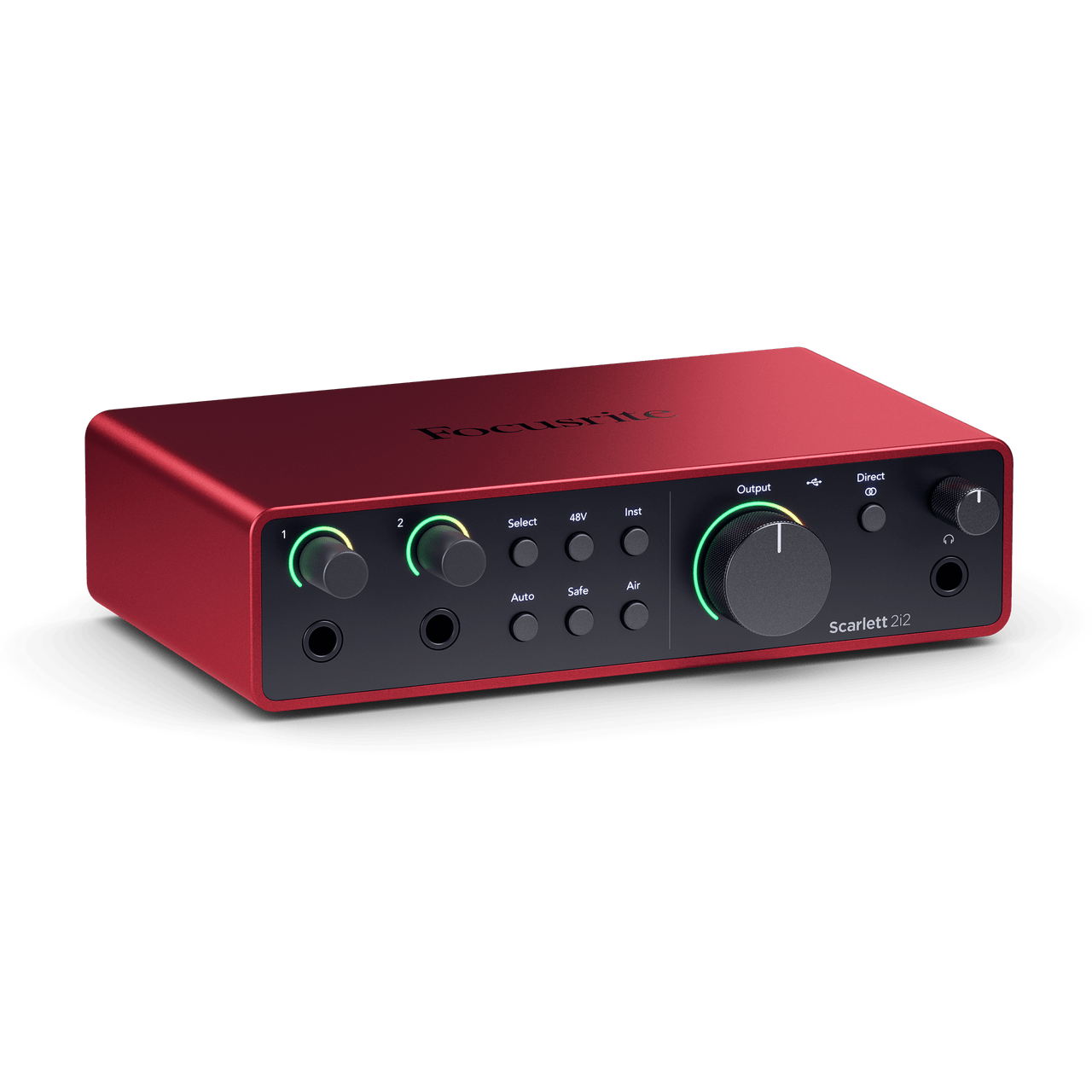 Red Focusrite Scarlett 2i2 audio interface with knobs, buttons, and input ports visible.