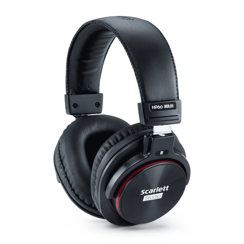 Black over-ear headphones with a red accent and Scarlett Studio branding