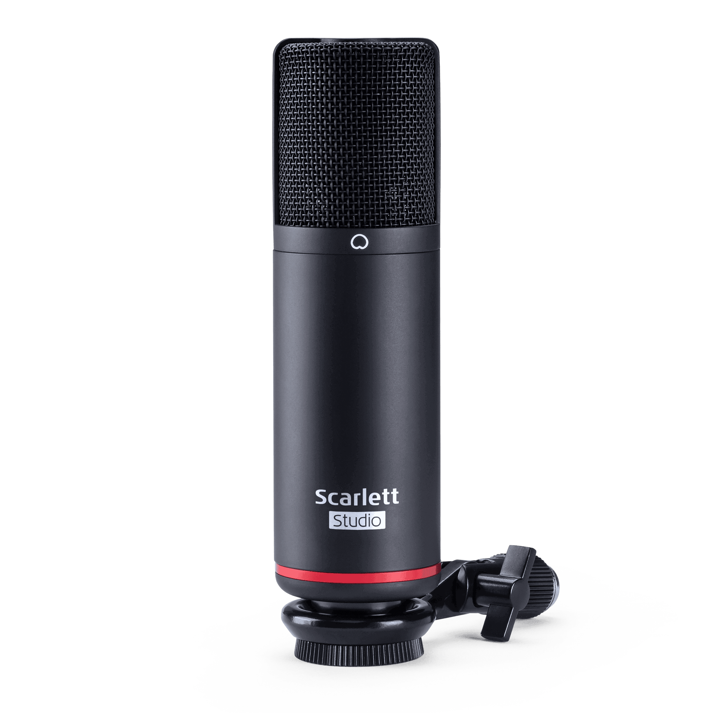 A Scarlett Studio microphone standing upright, mounted on a black adjustable stand with a white background.