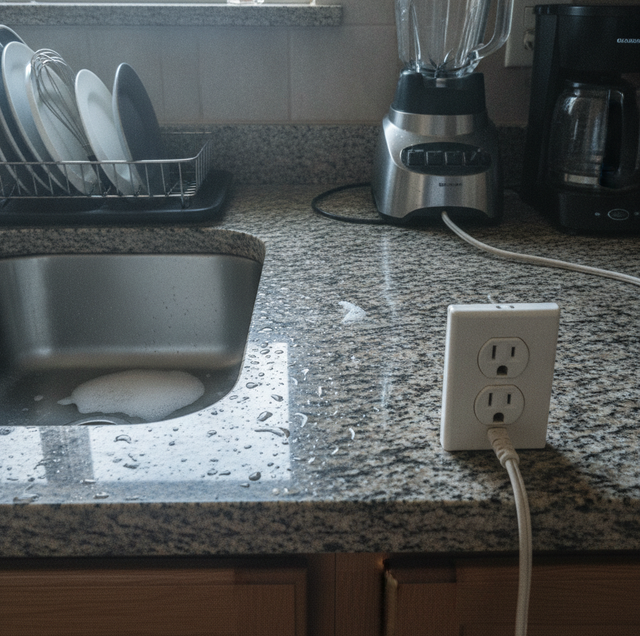 white GFCI outlet with test and reset buttons on kitchen countertop