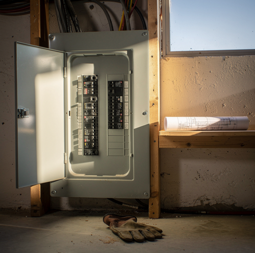 modern residential circuit breaker panel with trip indicator
